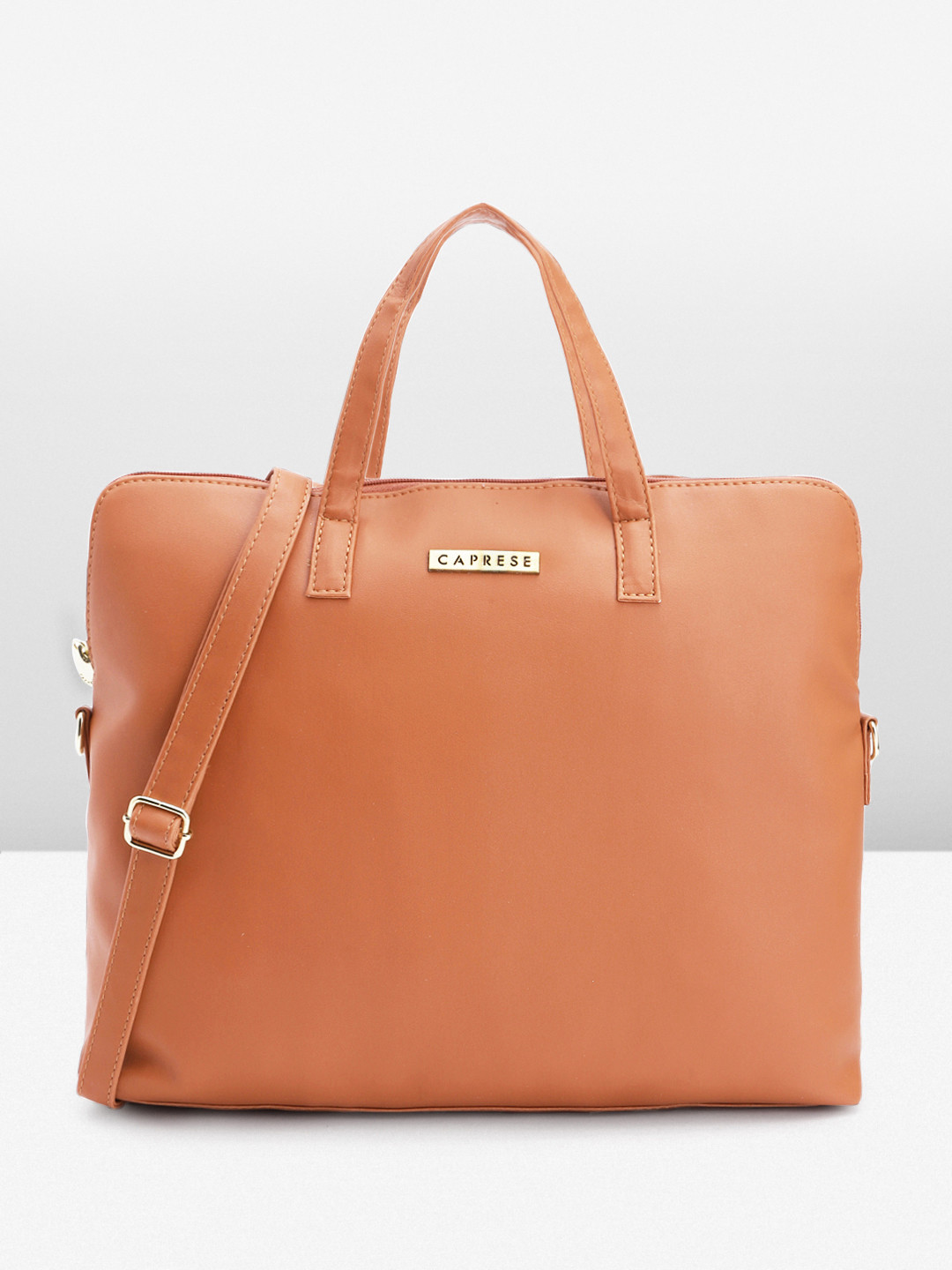 

Caprese Solid Structured Laptop Convertible Handheld Bag, Tan