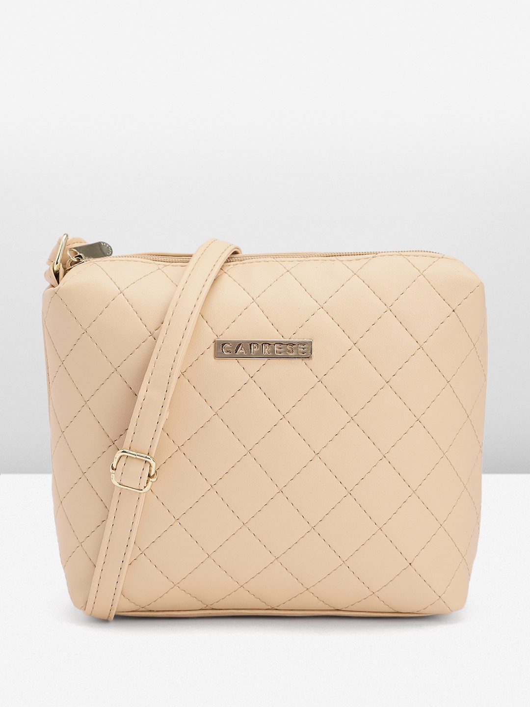 

Caprese Geometric Self Design Structured Sling Bag with Quilted Detail, Beige