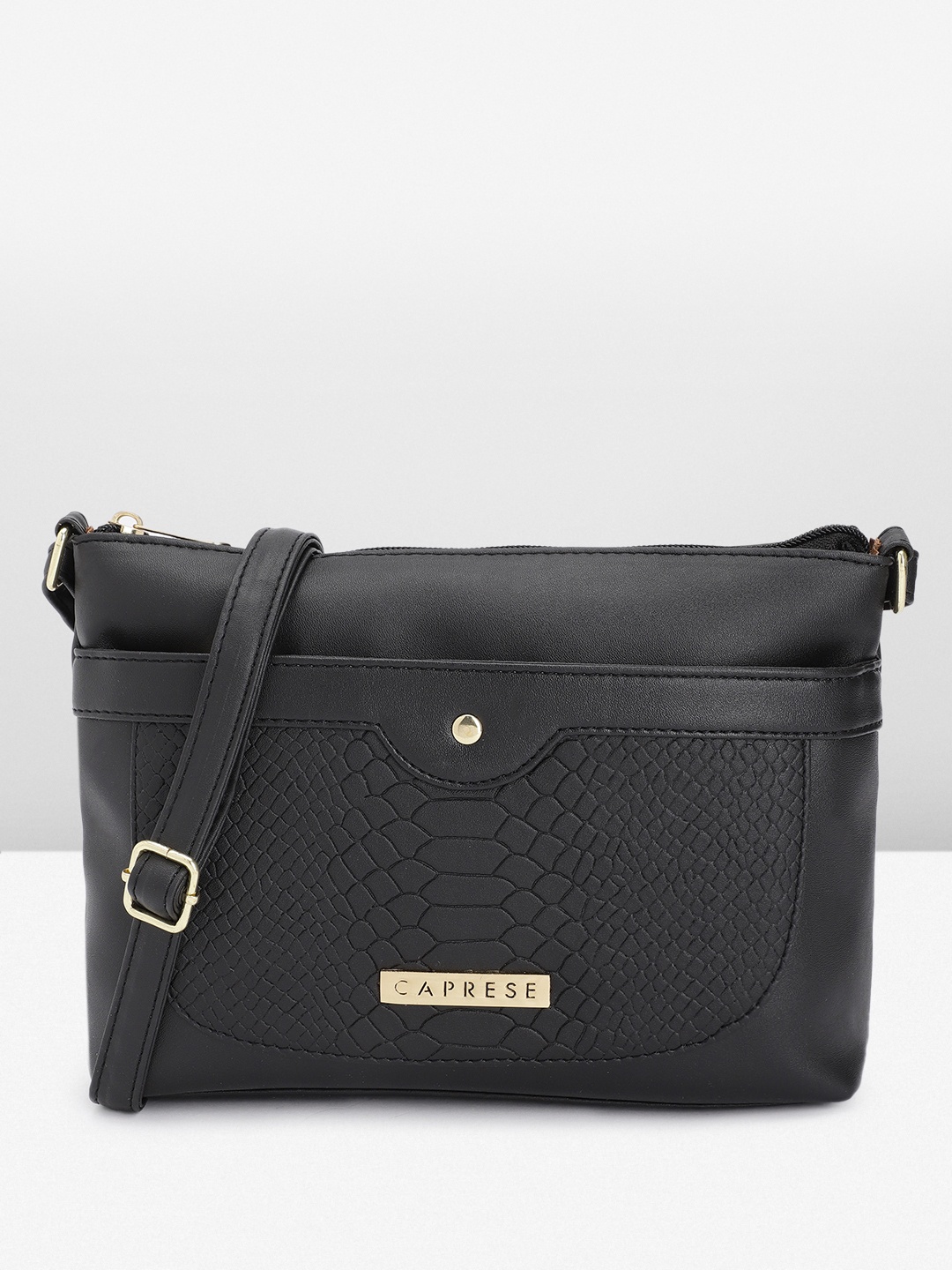 

Caprese Snake Textured Structured Sling Bag, Black