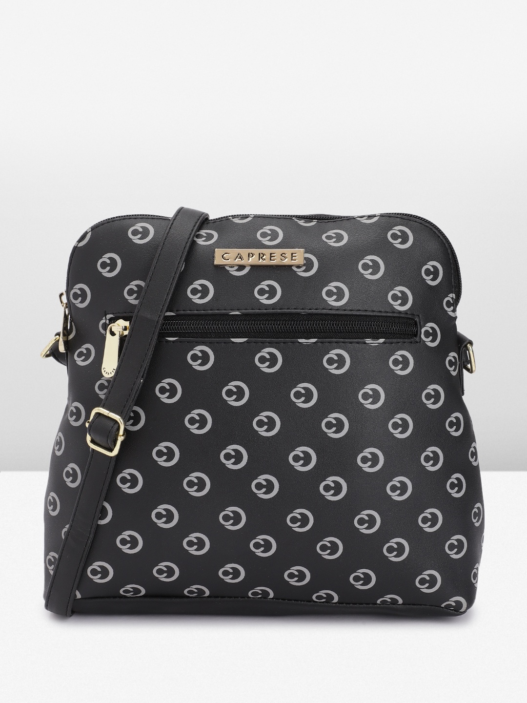 

Caprese Brand Logo Print Structured Sling Bag, Black