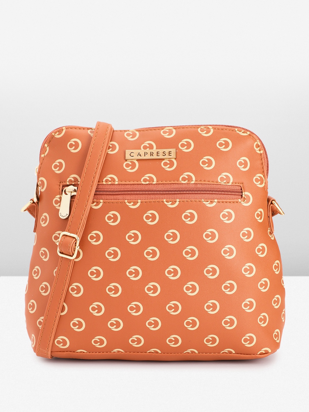 

Caprese Brand Logo Printed Structured Sling Bag, Brown