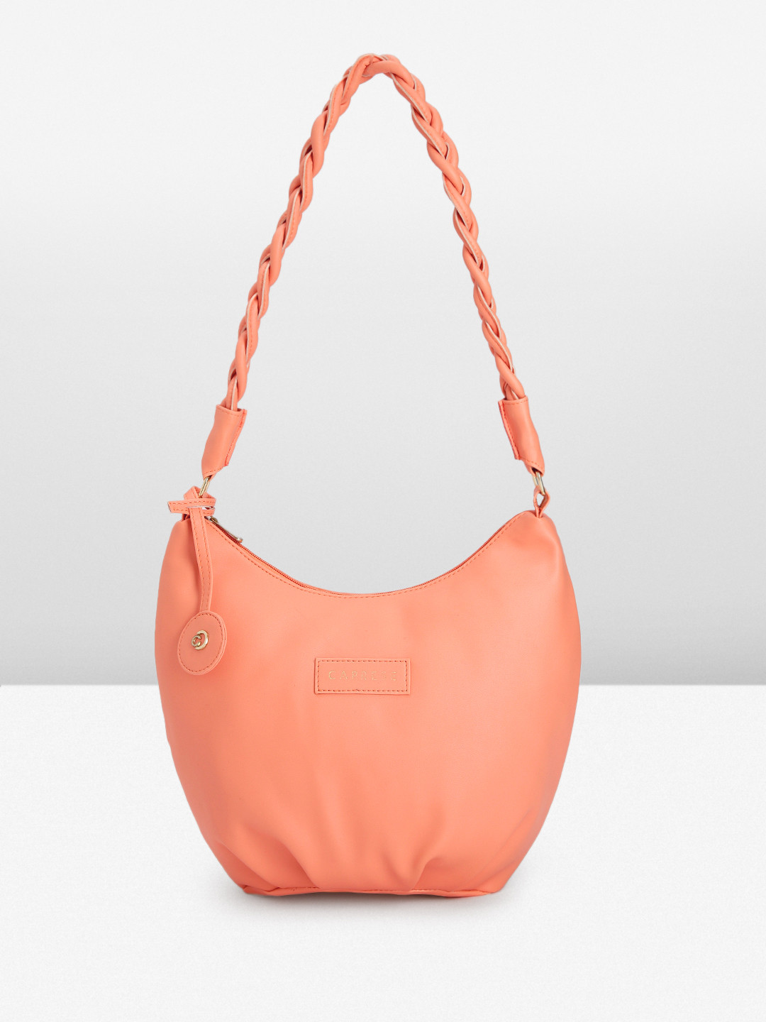 

Caprese Solid Structured Hobo Bag with Pleated & Tasselled Detail, Coral
