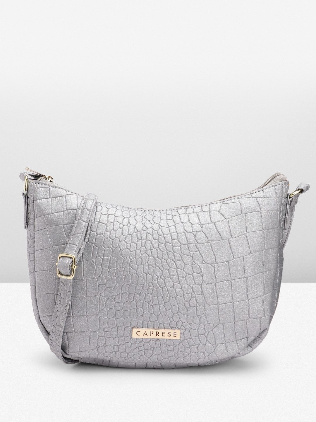 

Caprese Croc Textured Structured Sling Bag, Silver