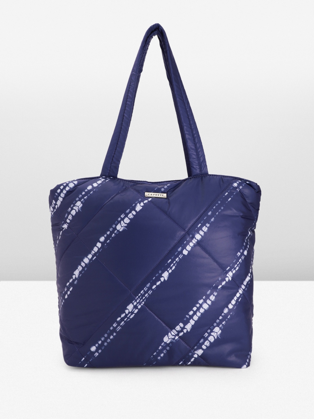 Caprese Abstract Print Oversized Structured Shoulder Bag with Quilted Detail, Blue