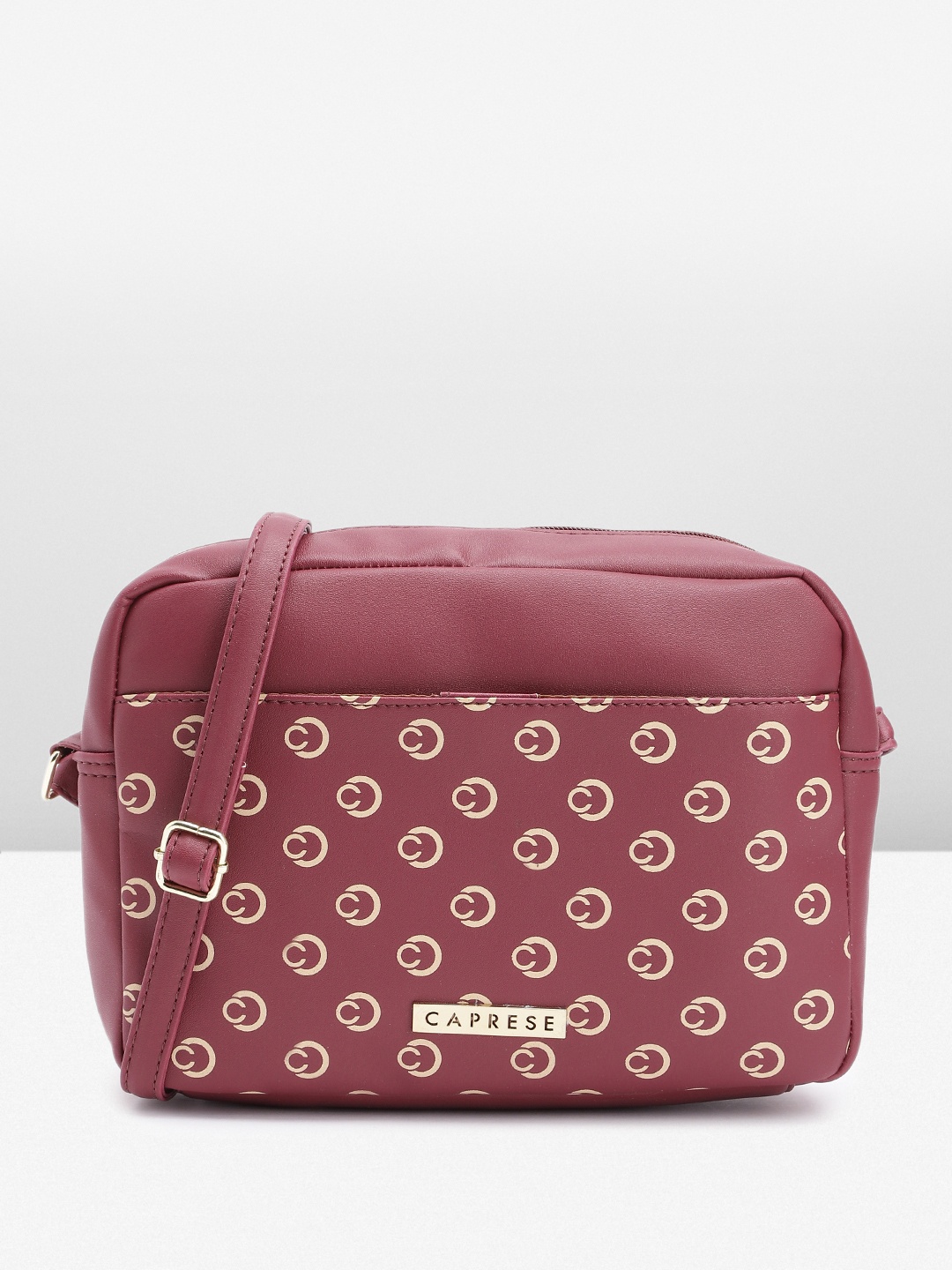 

Caprese Brand Logo Print Structured Sling Bag, Maroon