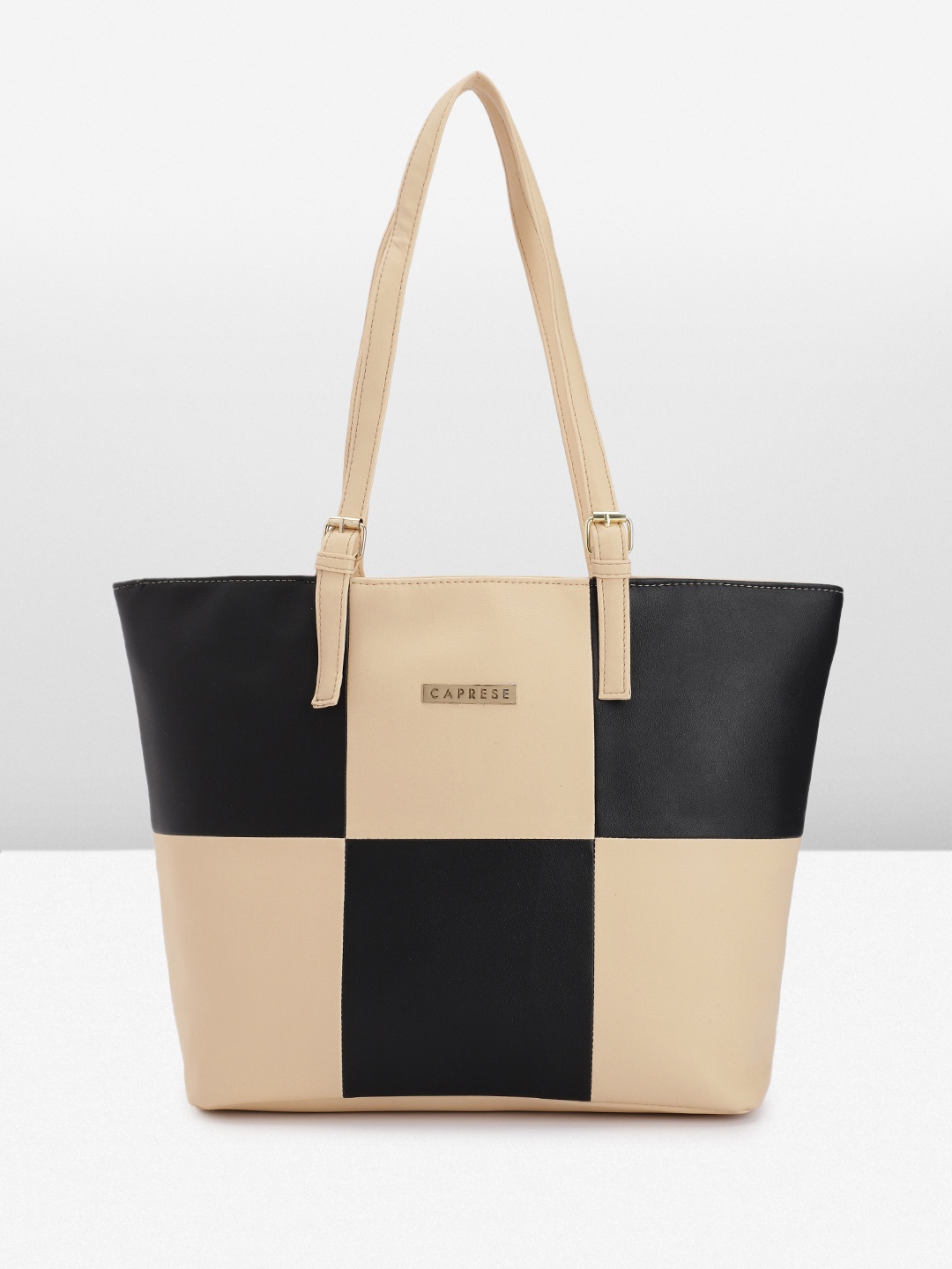 

Caprese Checked & Colourblocked Structured Shoulder Bag, Beige
