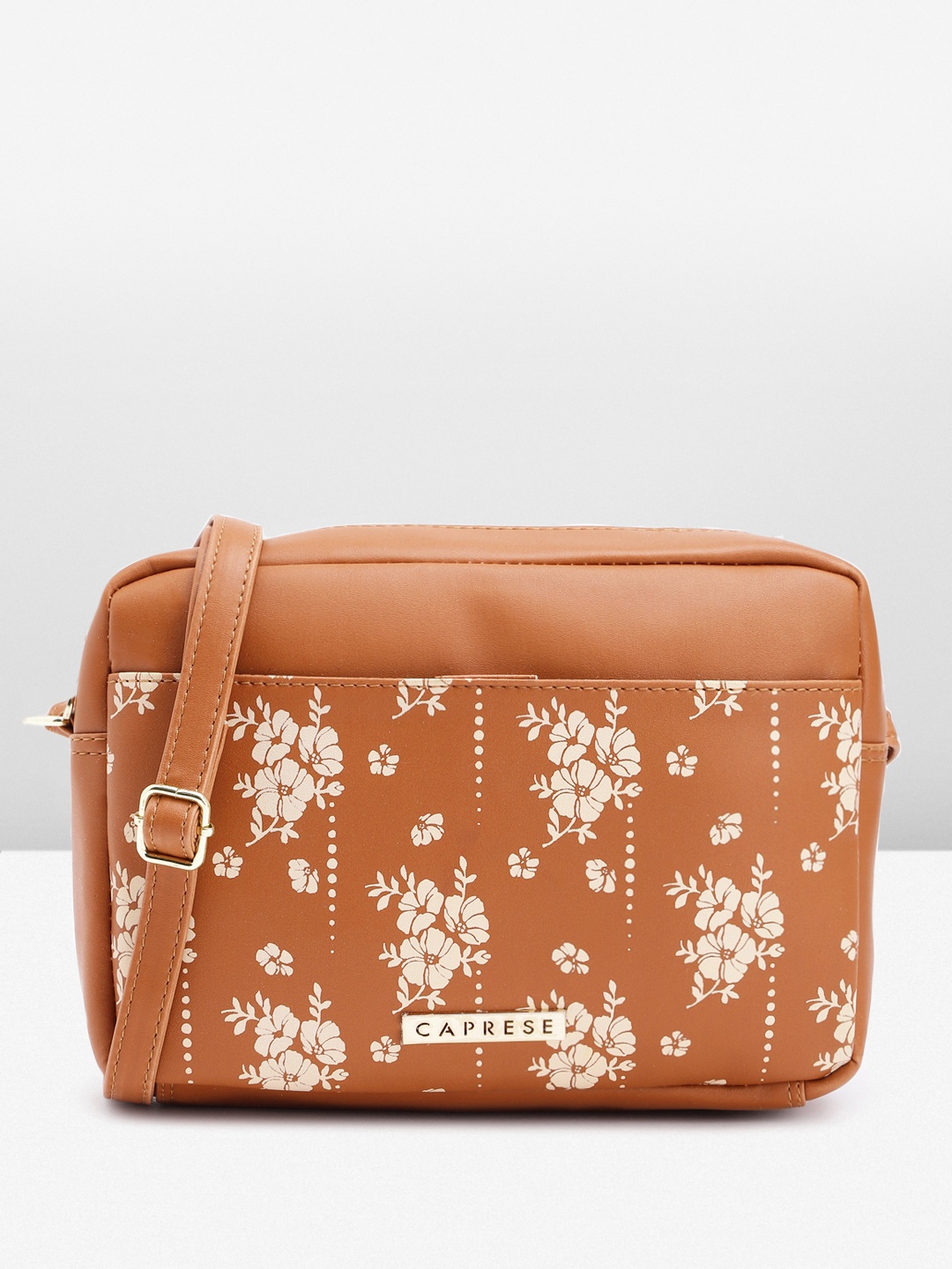 

Caprese Floral Print Structured Sling Bag, Tan