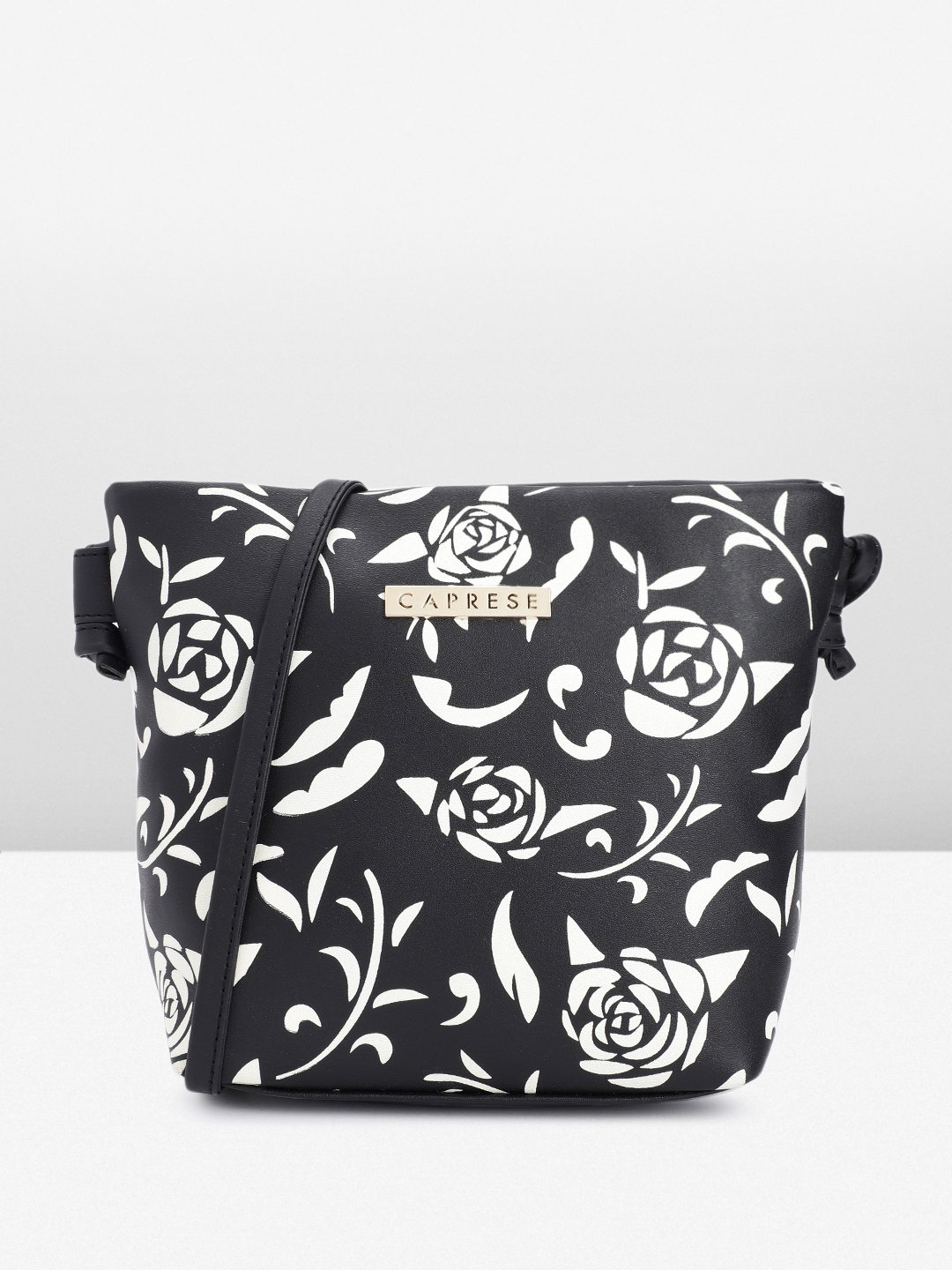 

Caprese Floral Printed Structured Sling Bag, Black