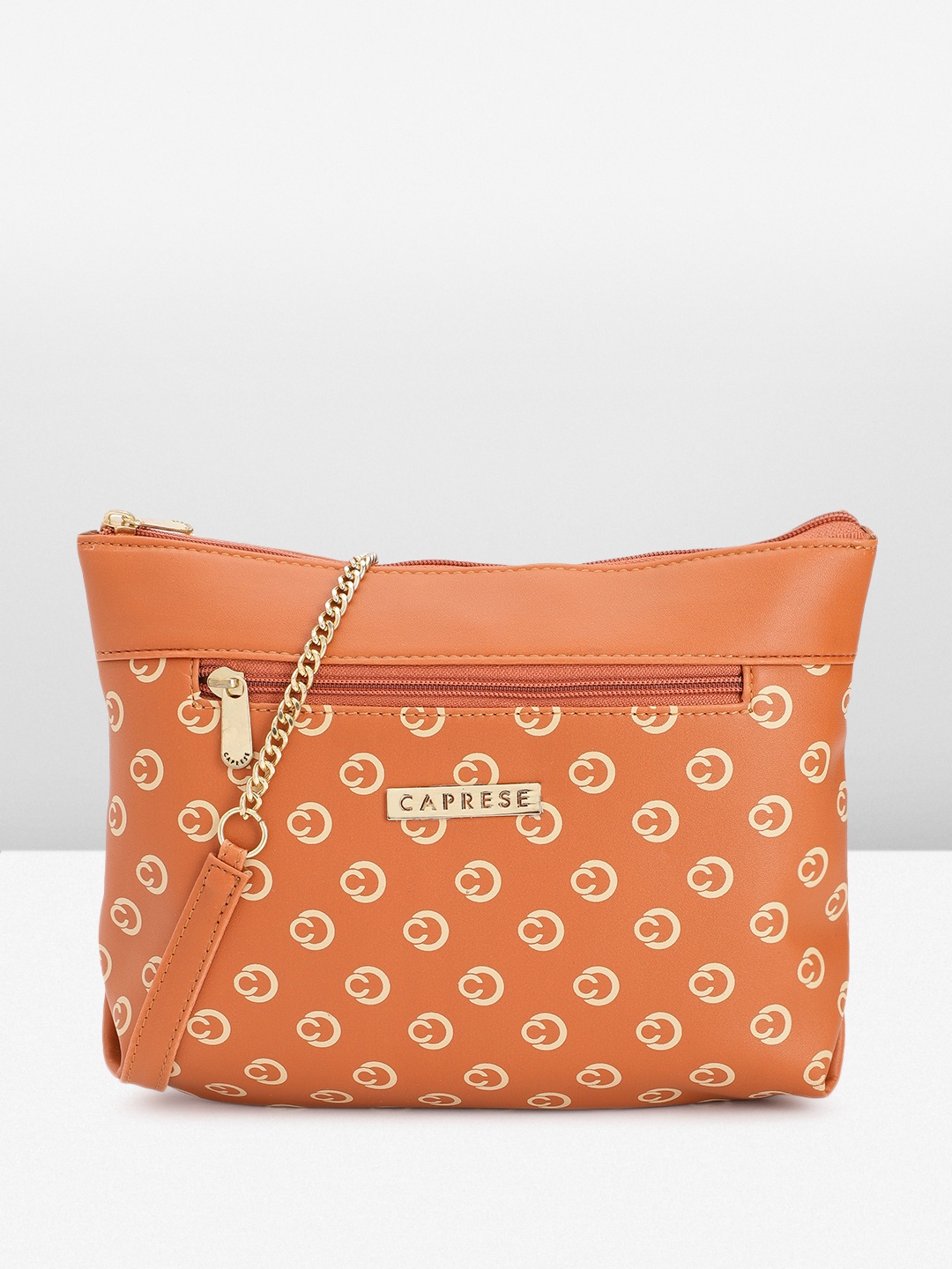 

Caprese Brand Logo Printed Structured Sling Bag, Rust