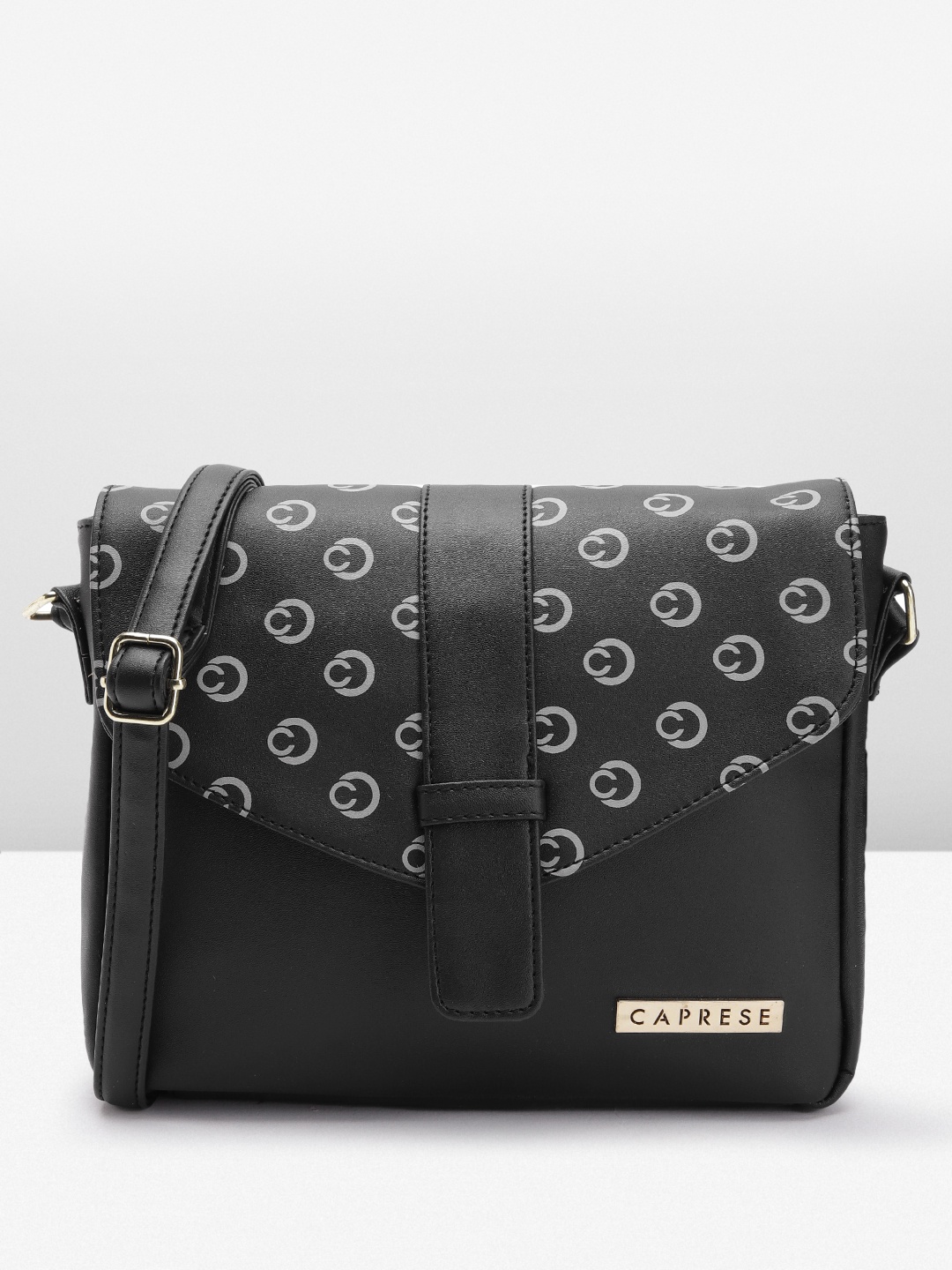 

Caprese Brand Logo Printed Structured Sling Bag, Black