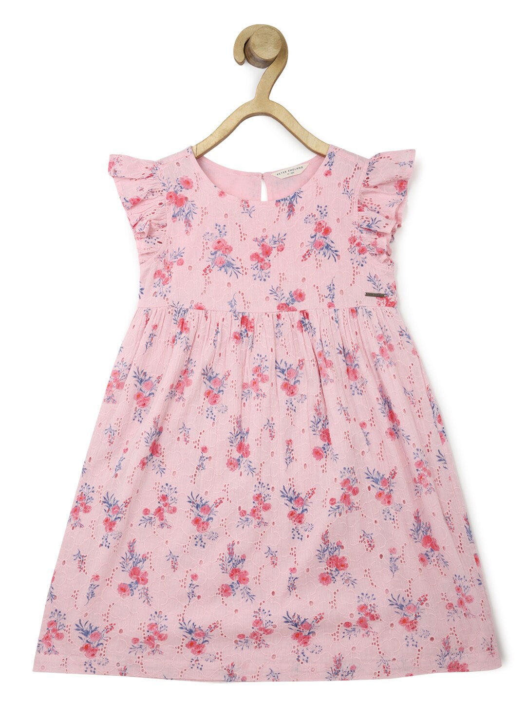 

Peter England Girls Floral Printed Flutter Sleeves Pure Cotton A-Line Dress, Pink