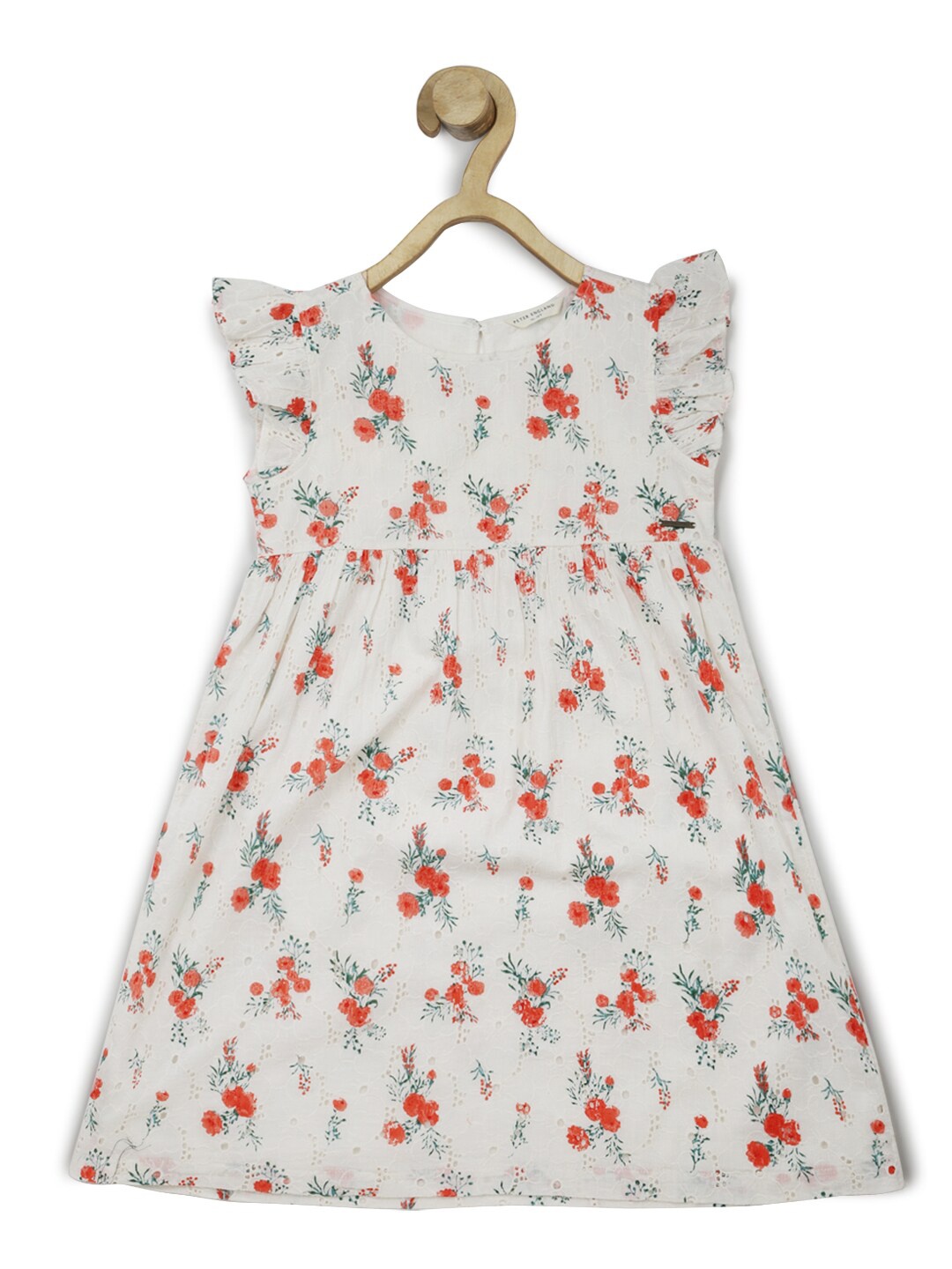 

Peter England Girls Floral Printed Flutter Sleeves Pure Cotton A-Line Dress, White