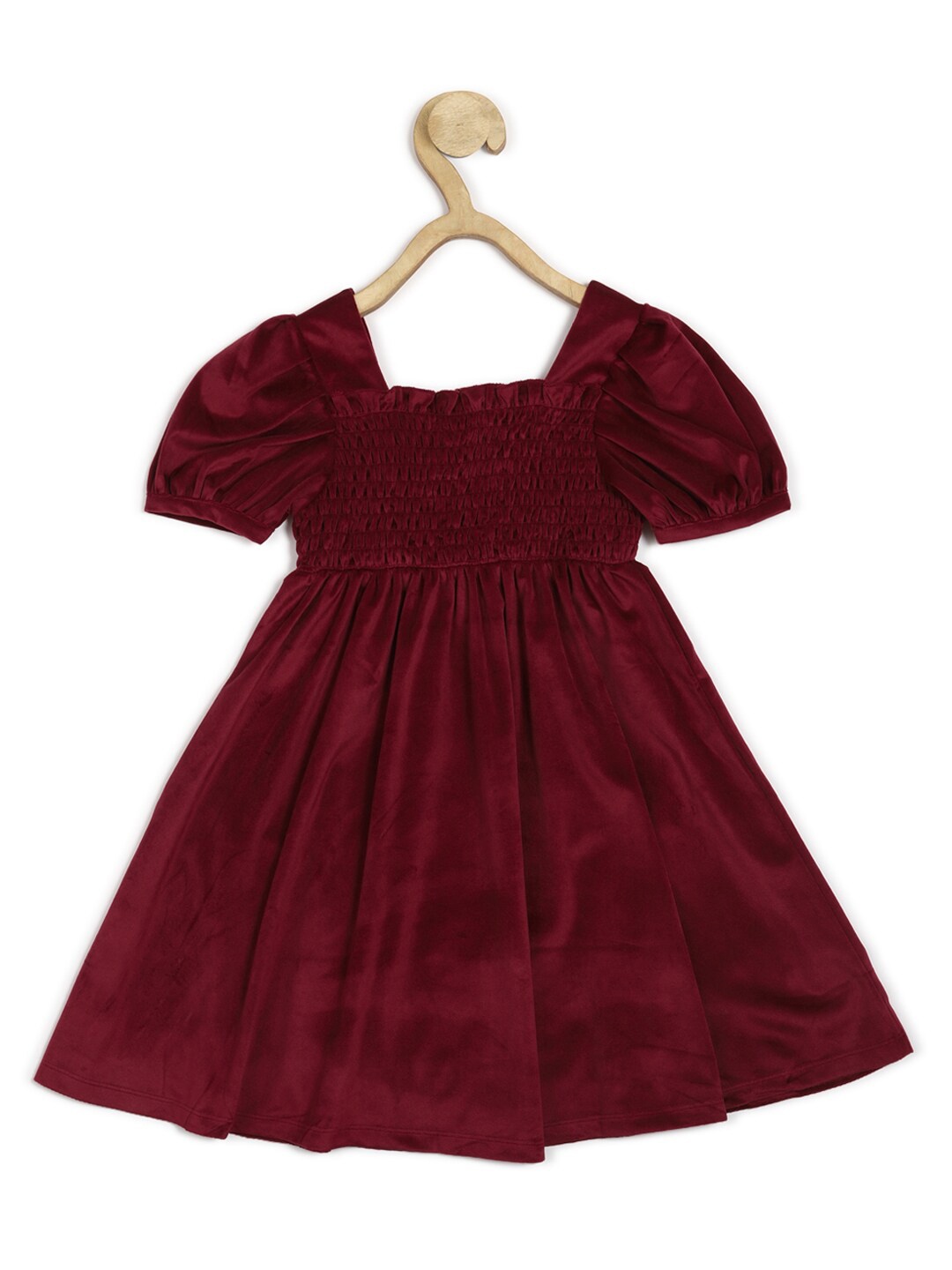 

Peter England Girls Square Neck Puff Sleeves Smocked Fit & Flare Dress, Maroon