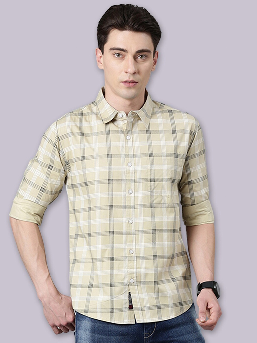 

Joven Men Opaque Checked Casual Shirt, Beige