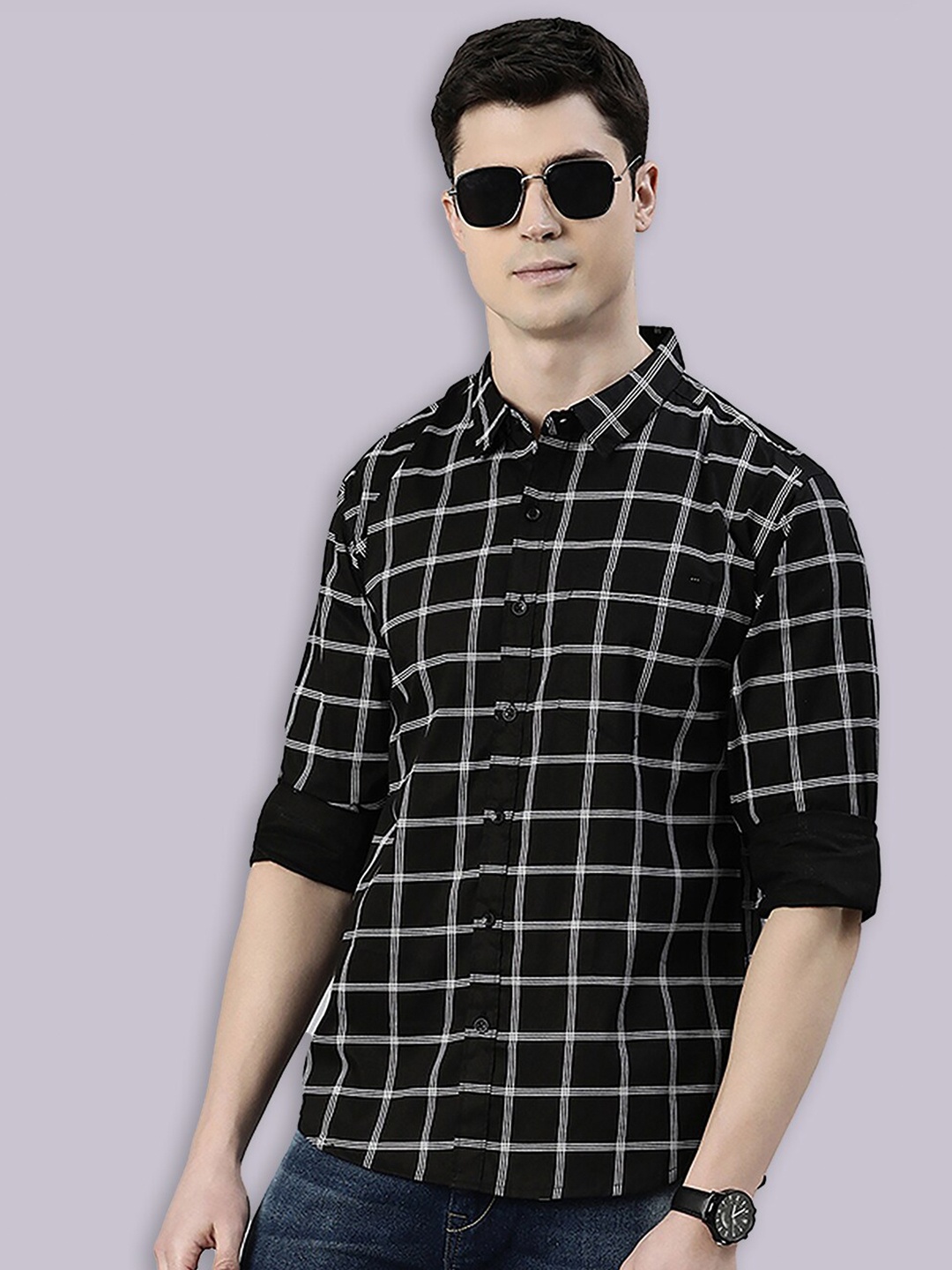 

Joven Windowpane Checked Pure Cotton Casual Shirt, Black