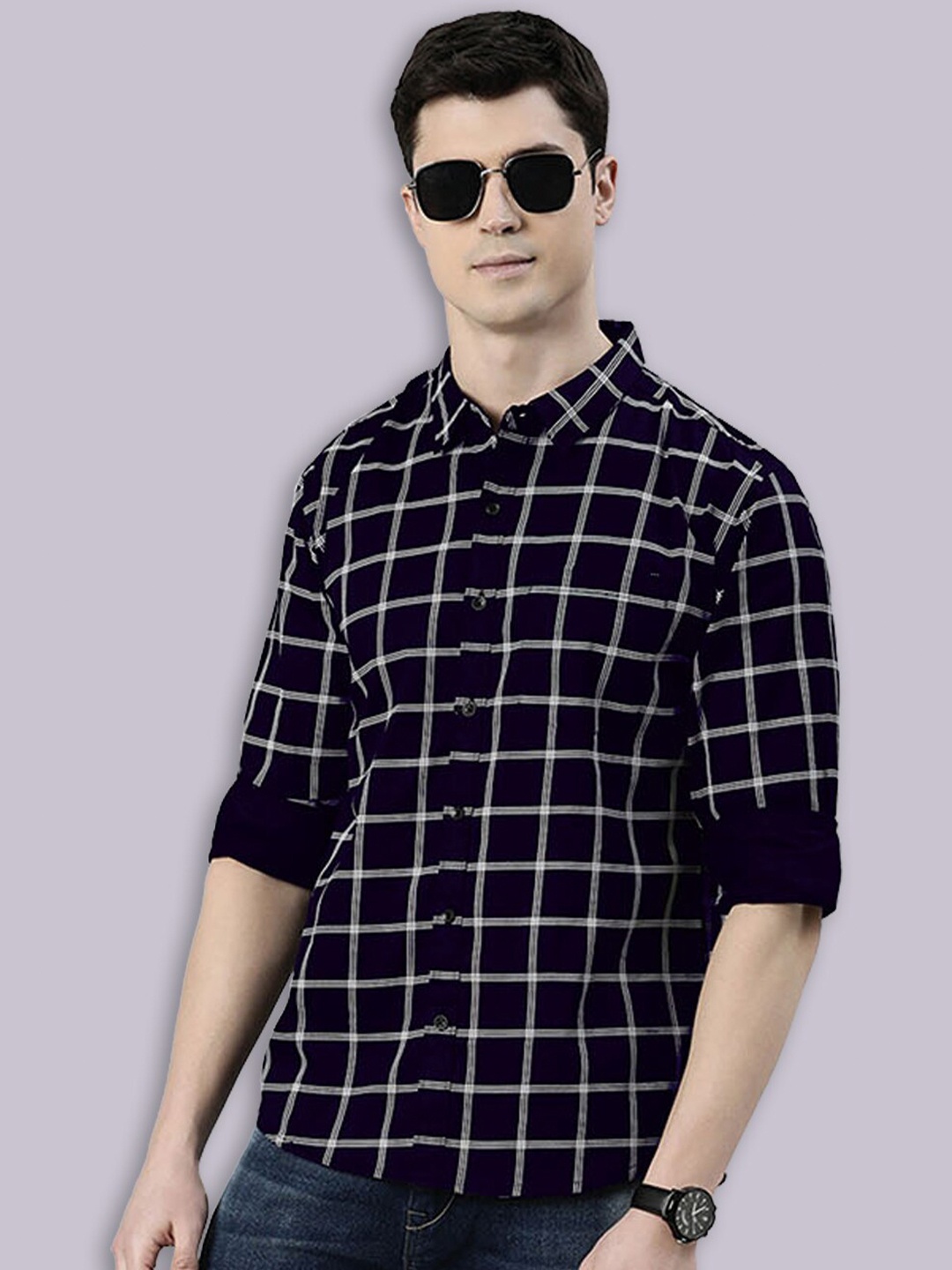 

Joven Windowpane Checked Casual Shirt, Navy blue