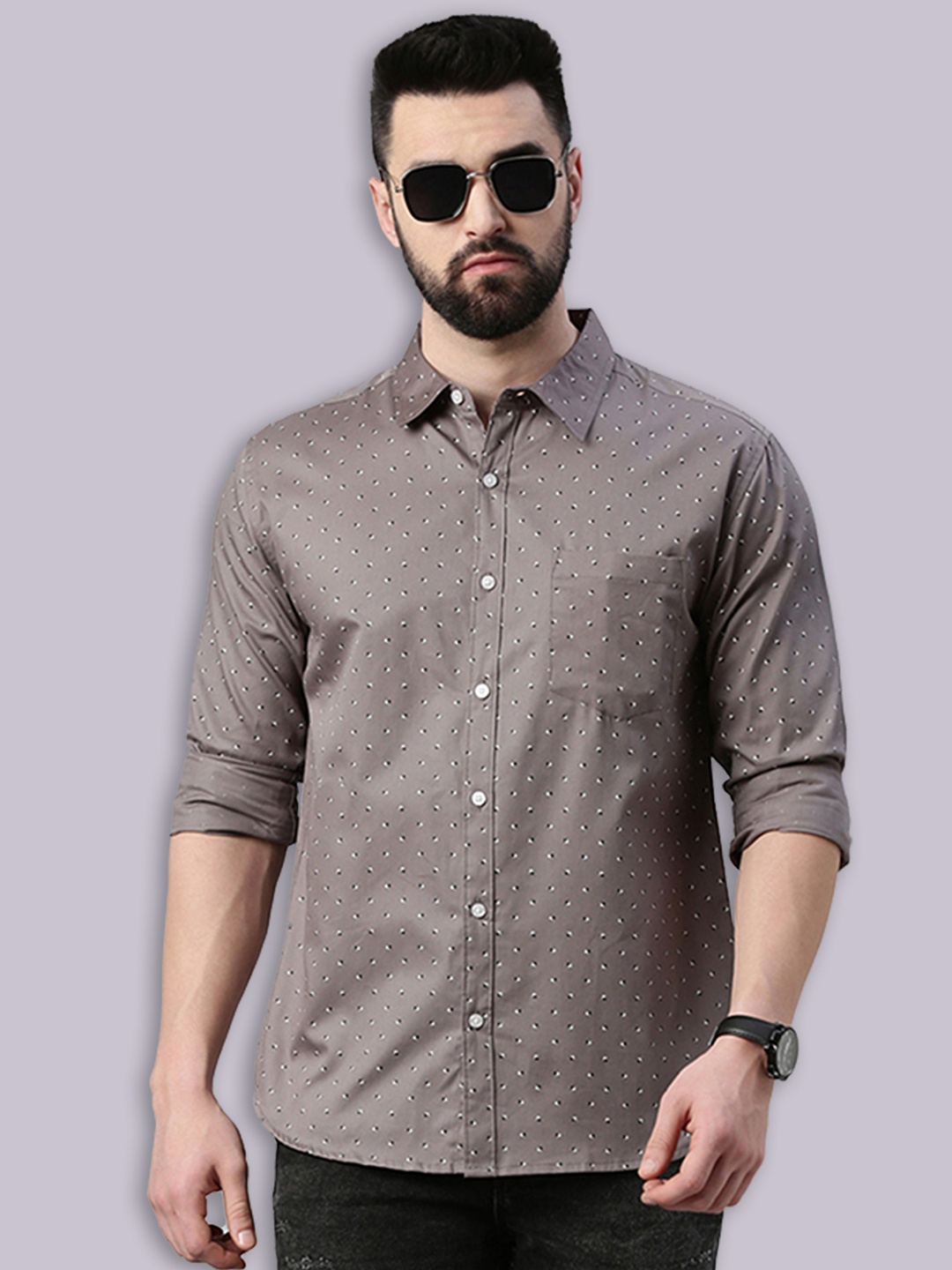 

Joven Micro Ditsy Printed Spread Collar Pure Cotton Casual Shirt, Grey