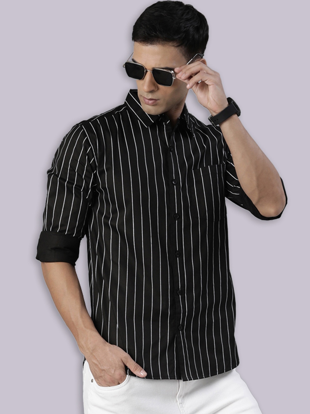 

Joven Vertical Striped Spread Collar Pure Cotton Casual Shirt, Black