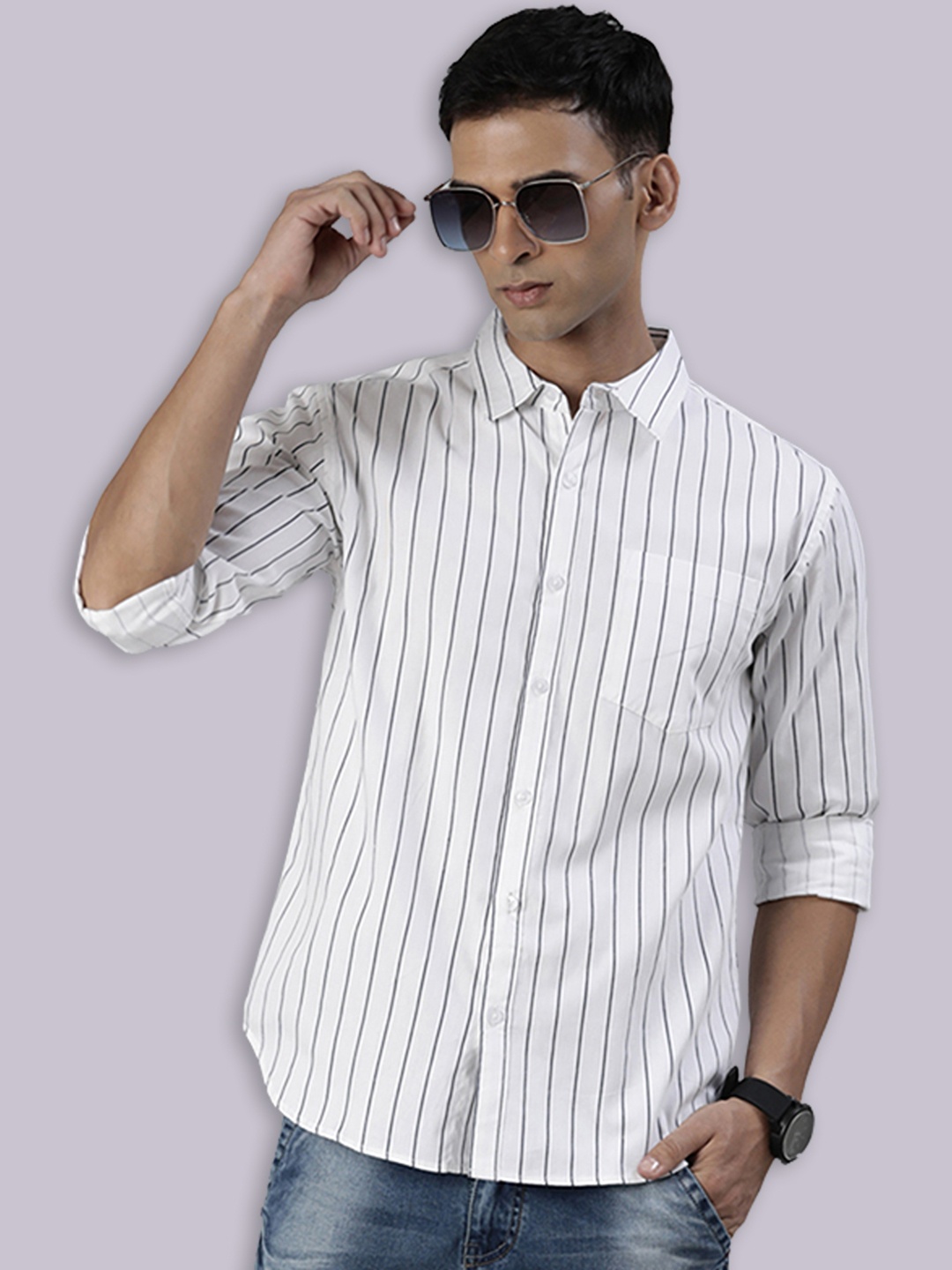 

Joven Vertical Striped Spread Collar Pure Cotton Casual Shirt, White