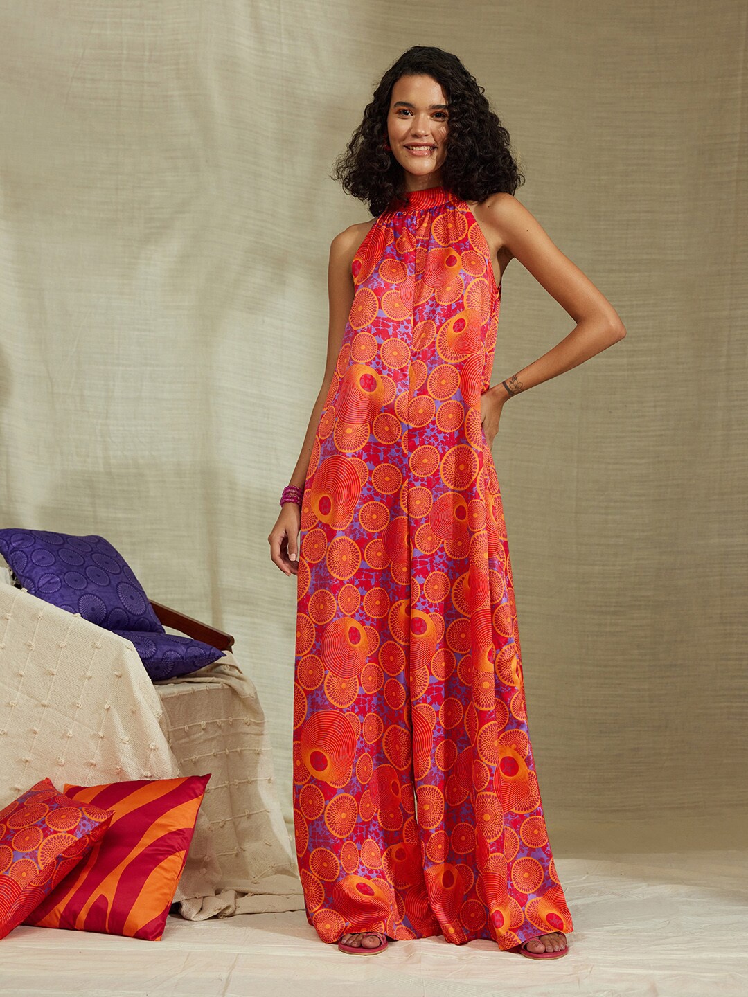 

Pink Fort Halter Neck Printed Basic Jumpsuit, Orange