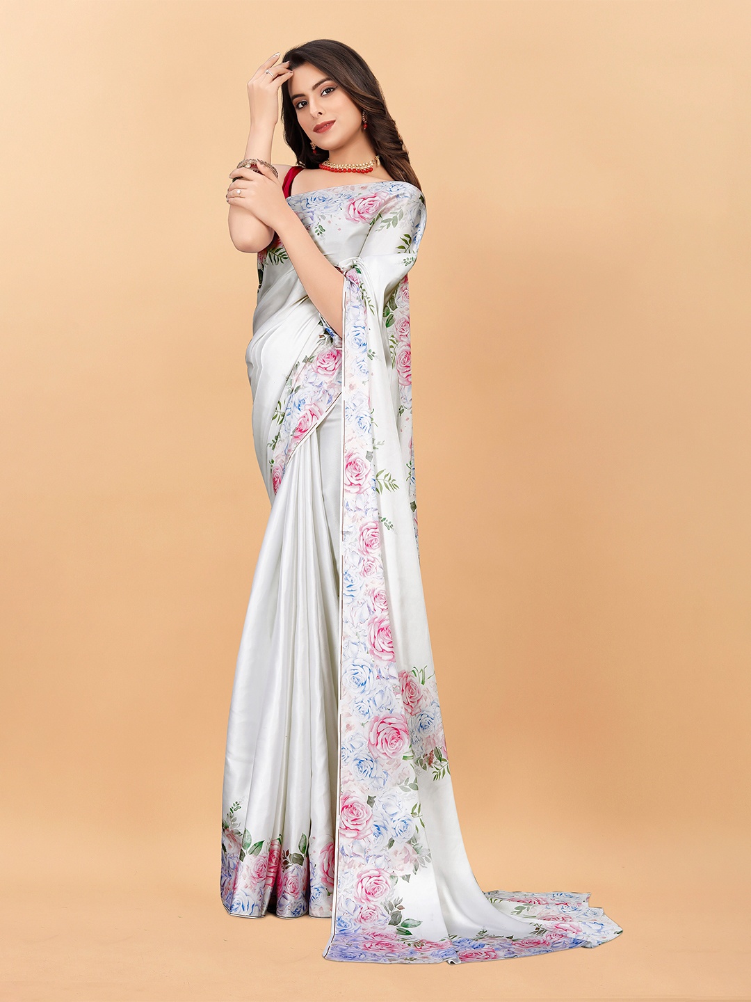 

VEECHIS Floral Printed Satin Saree, White