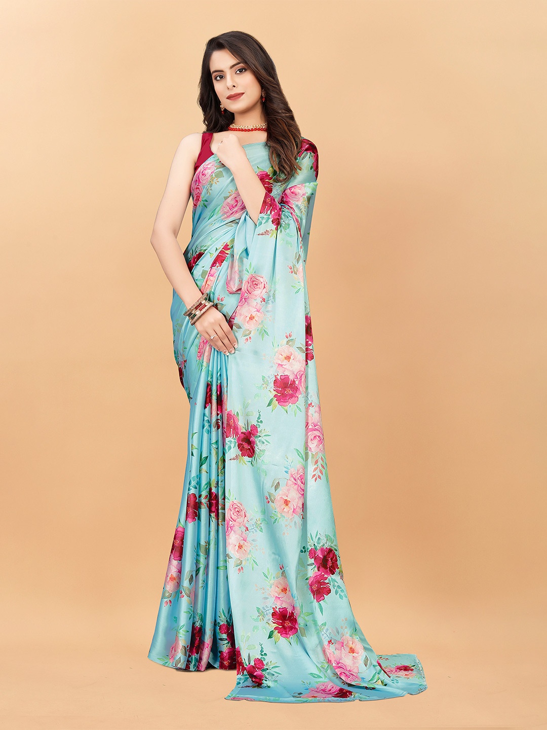 

VEECHIS Floral Printed Satin Saree, Blue