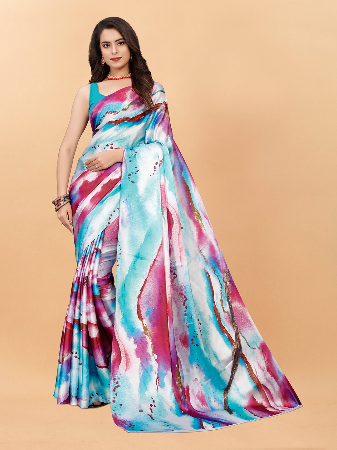 

VEECHIS Abstract Printed Satin Silk Saree, Blue