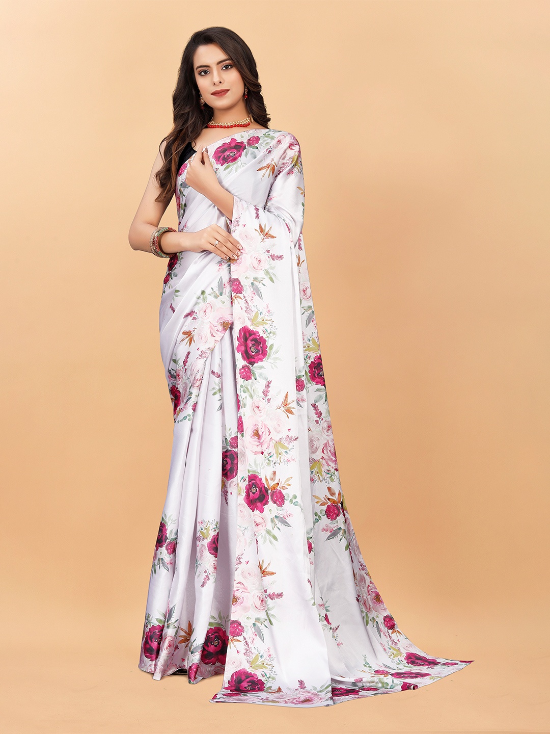 

VEECHIS Floral Printed Satin Silk Saree, White