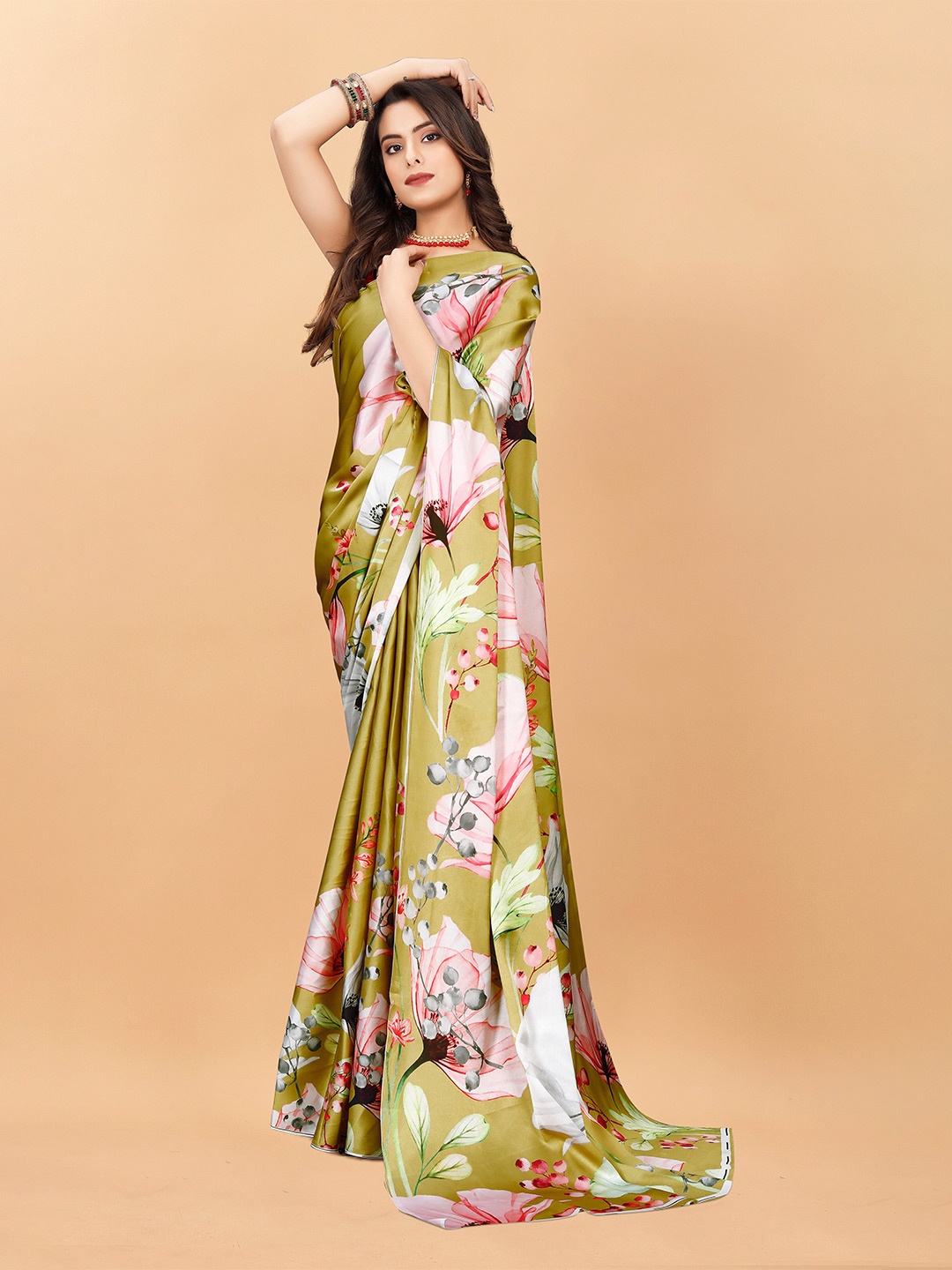 

VEECHIS Floral Printed Satin Silk Saree, Green