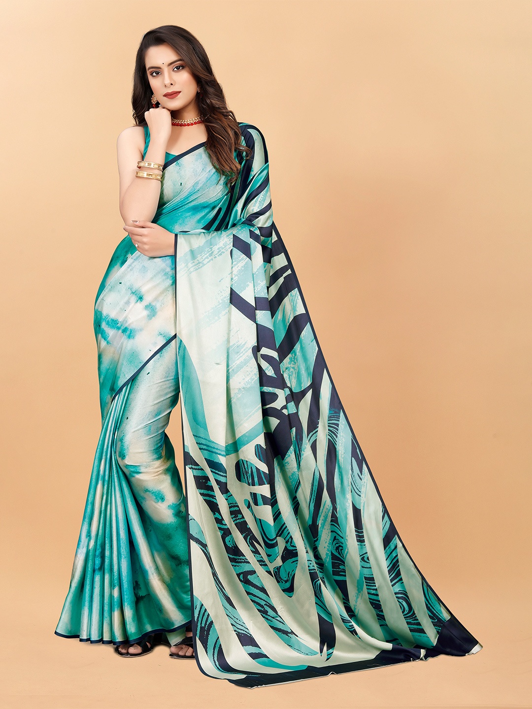 

VEECHIS Floral Printed Satin Silk Saree, Blue