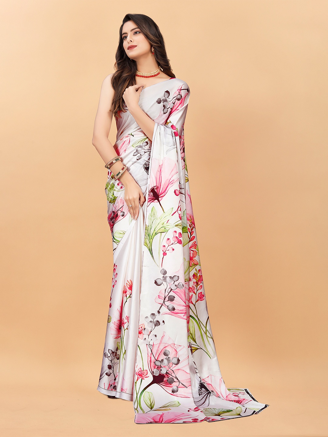 

VEECHIS Floral Printed Satin Silk Saree, Cream