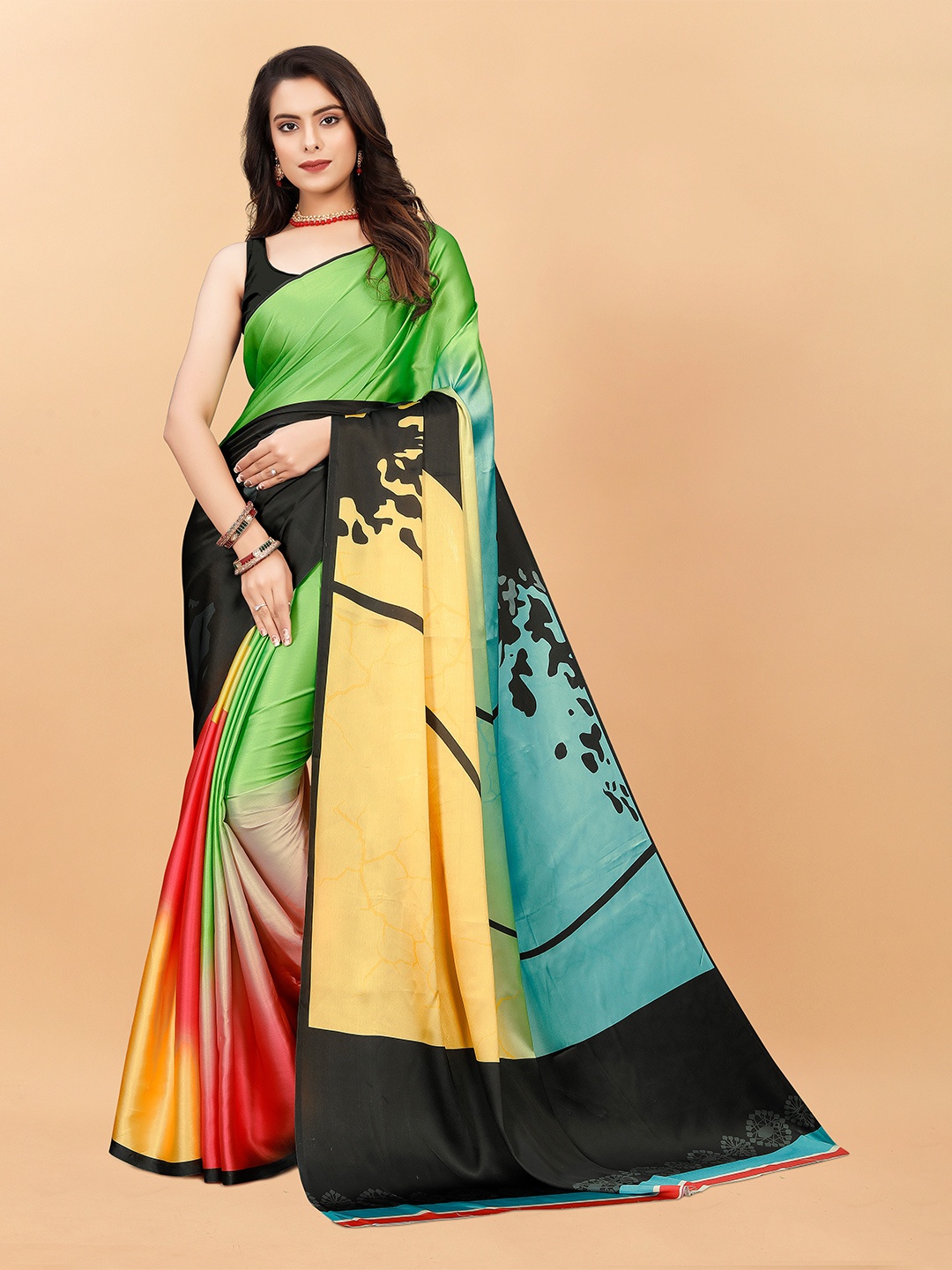 

VEECHIS Abstract Printed Satin Silk Saree, Green