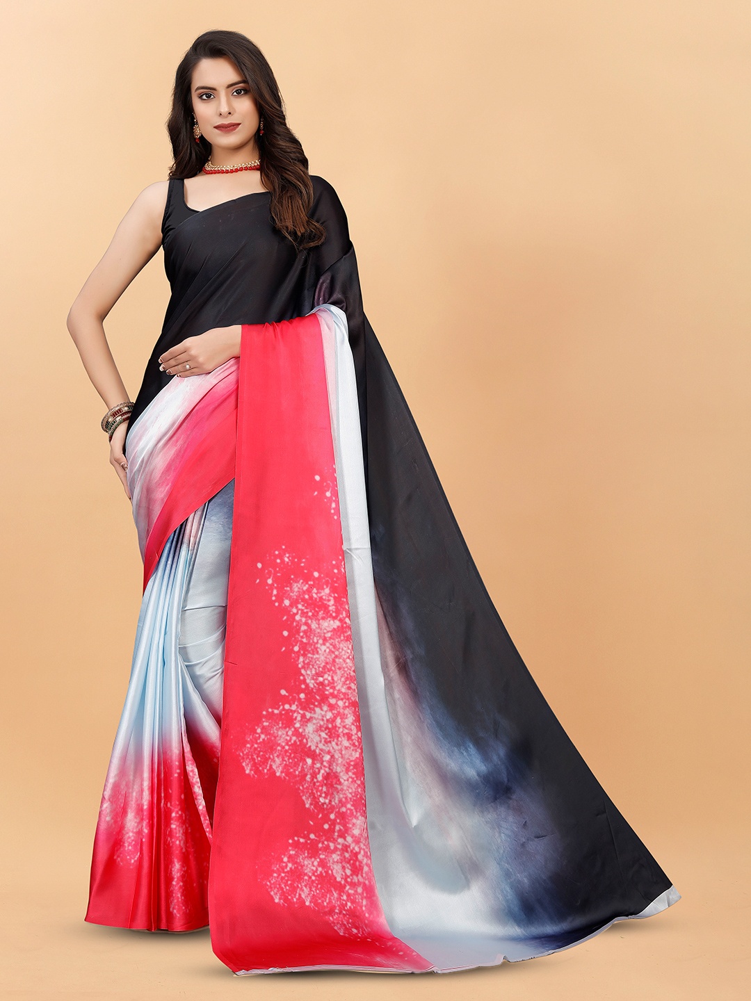 

VEECHIS Abstract Printed Satin Silk Saree, Red