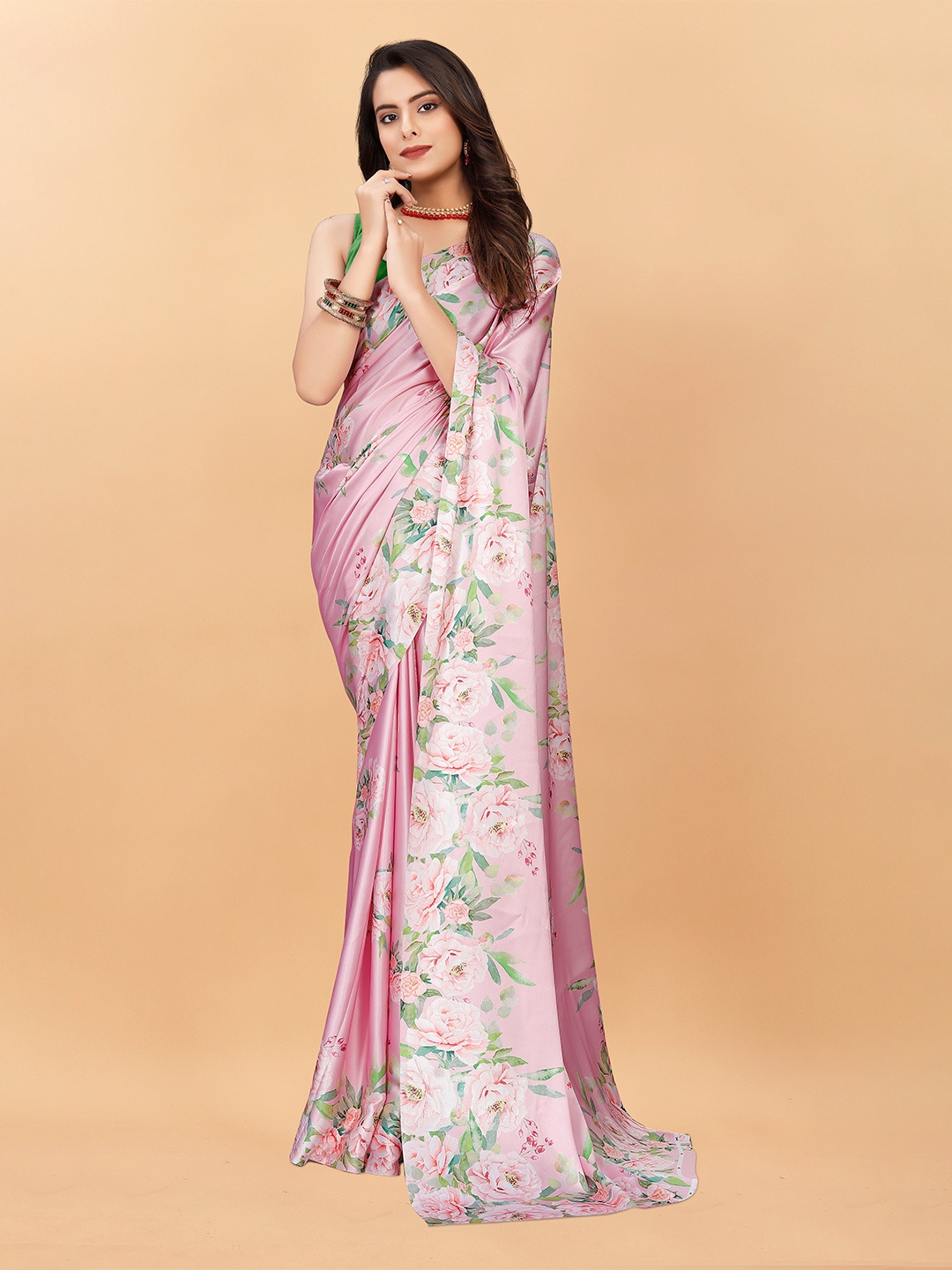 

VEECHIS Floral Printed Satin Silk Saree, Peach