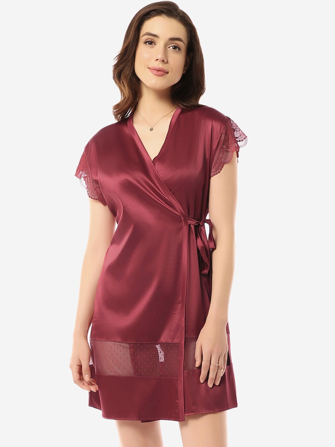 

Amante Lace Detailed Mini-Length Robe, Maroon