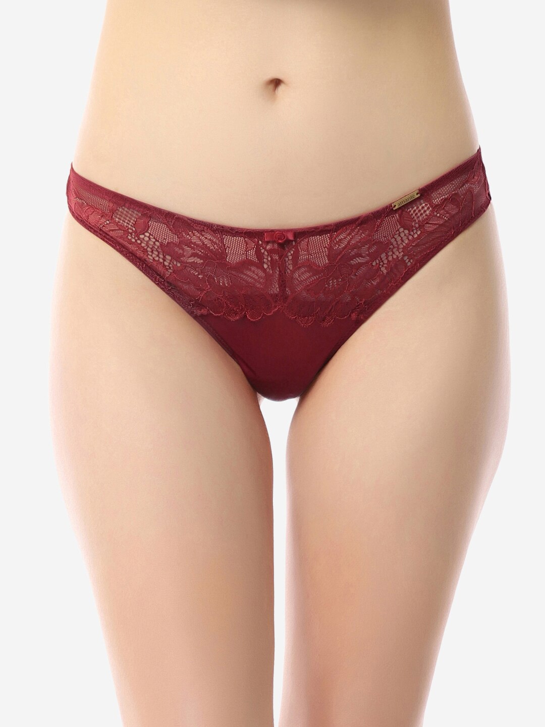 

Amante Laced Low-Rise Thong Briefs With Anti Bacterial, Maroon