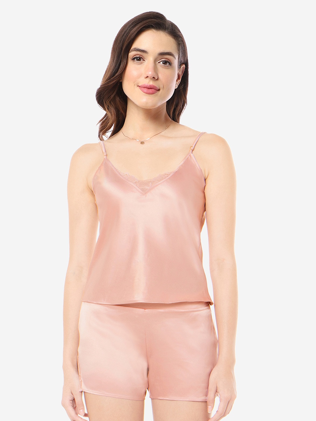 

Amante V-Neck Lightly Padded Lace Detail Satin Camisole, Pink