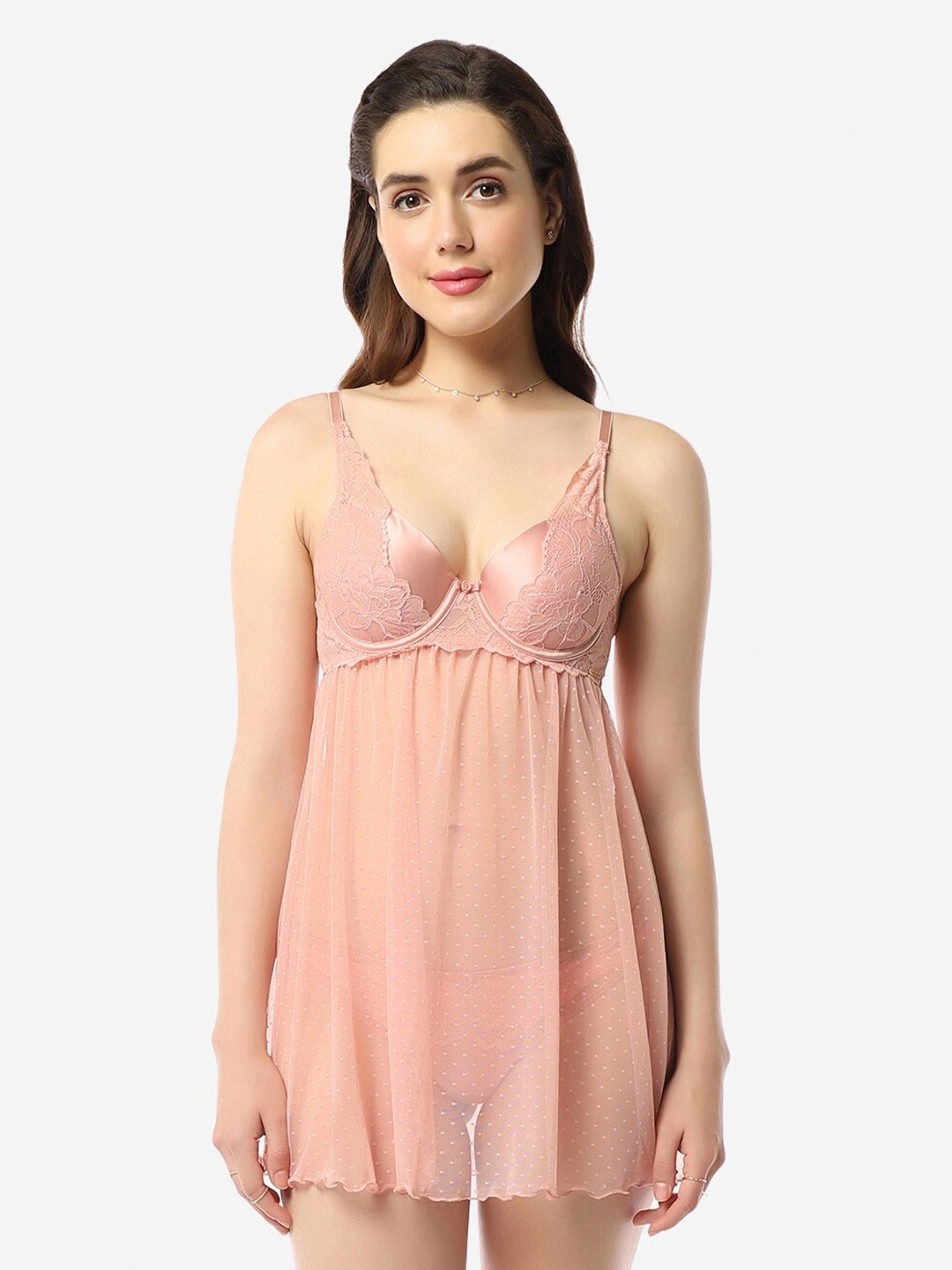 

Amante Self Design Lace Padded Shoulder Straps Baby Doll, Pink