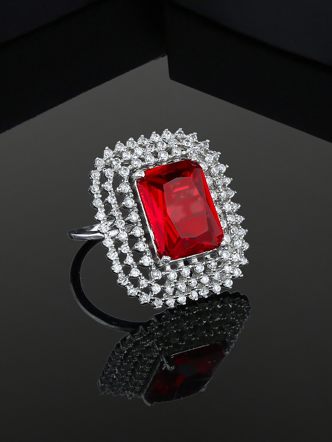 

Estele Rhodium Plated CZ Studded Finger Ring, Silver