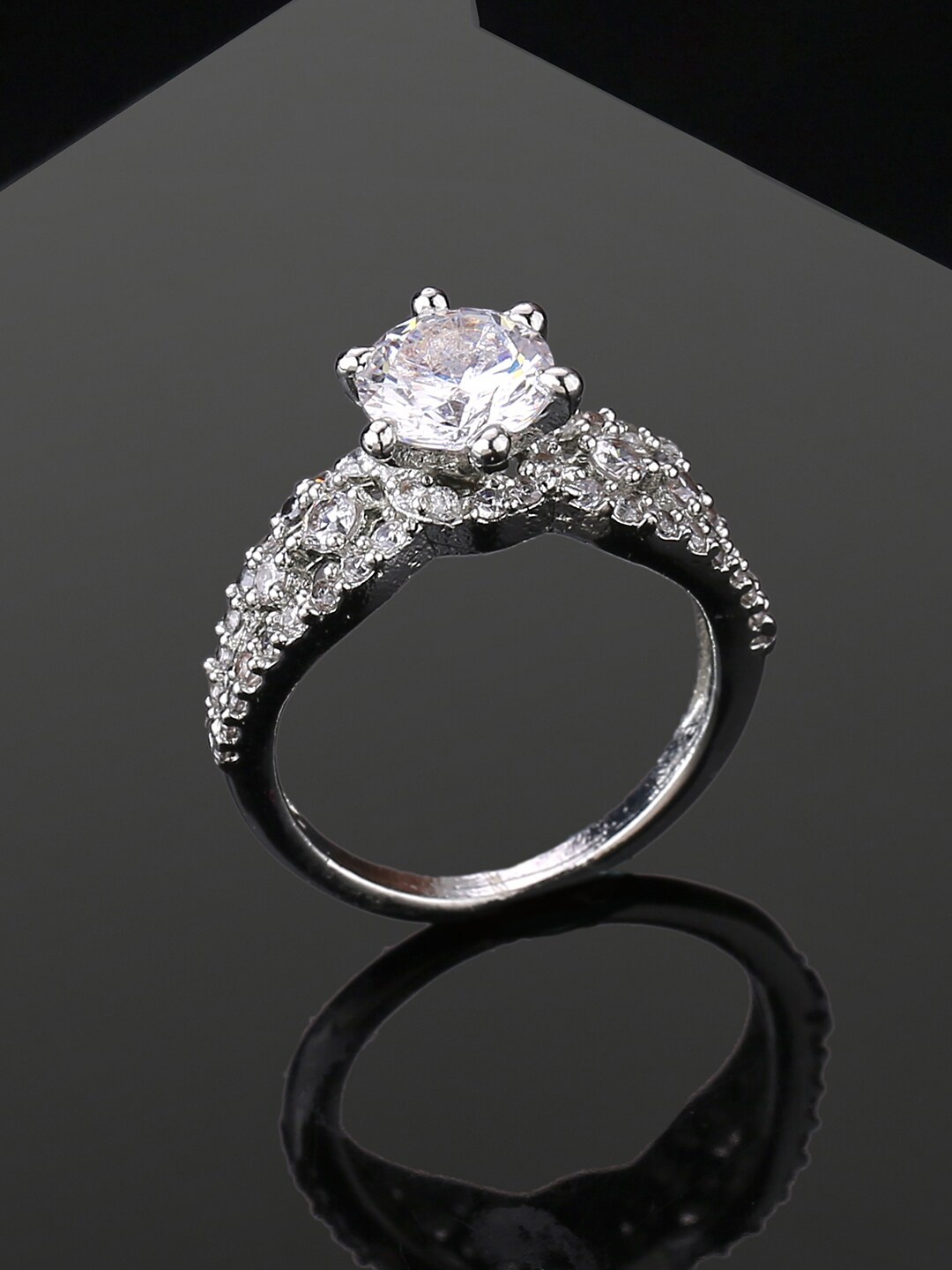 

Estele Rhodium-Plated Cubic Zirconia-Studded Finger Ring, Silver