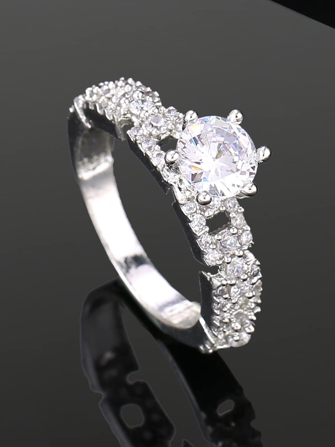 

Estele Rhodium Plated Cubic Zirconia Studded Finger Ring, Silver