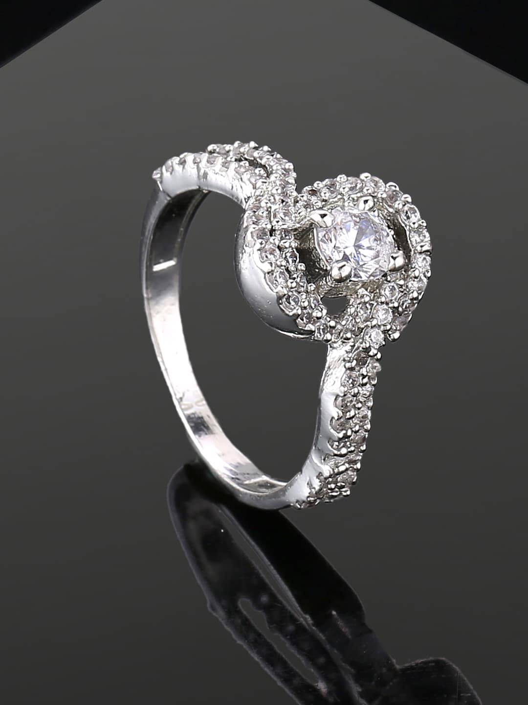 

Estele Rhodium Plated Cubic Zirconia Studded Finger Ring, Silver