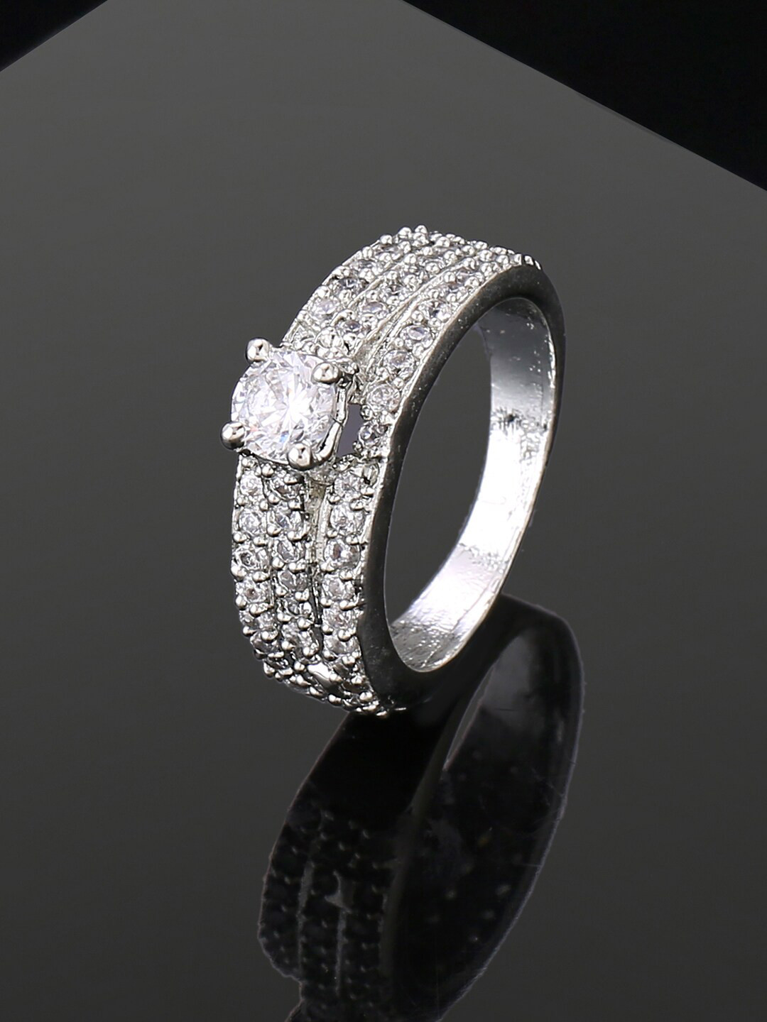 

Estele Rhodium Plated Cubic Zirconia Studded Finger Ring, Silver