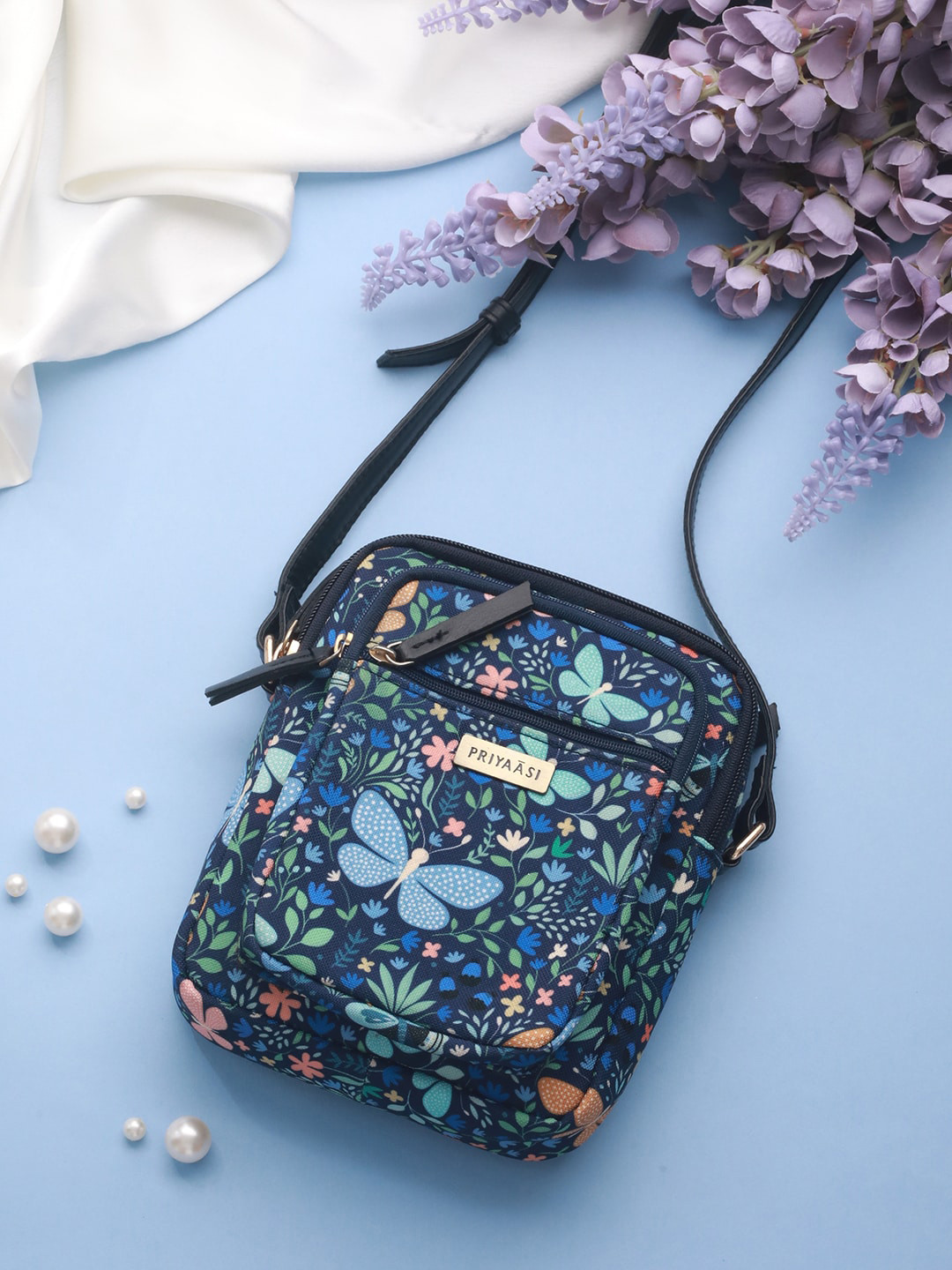 

Priyaasi Printed Structured Sling Bag, Blue