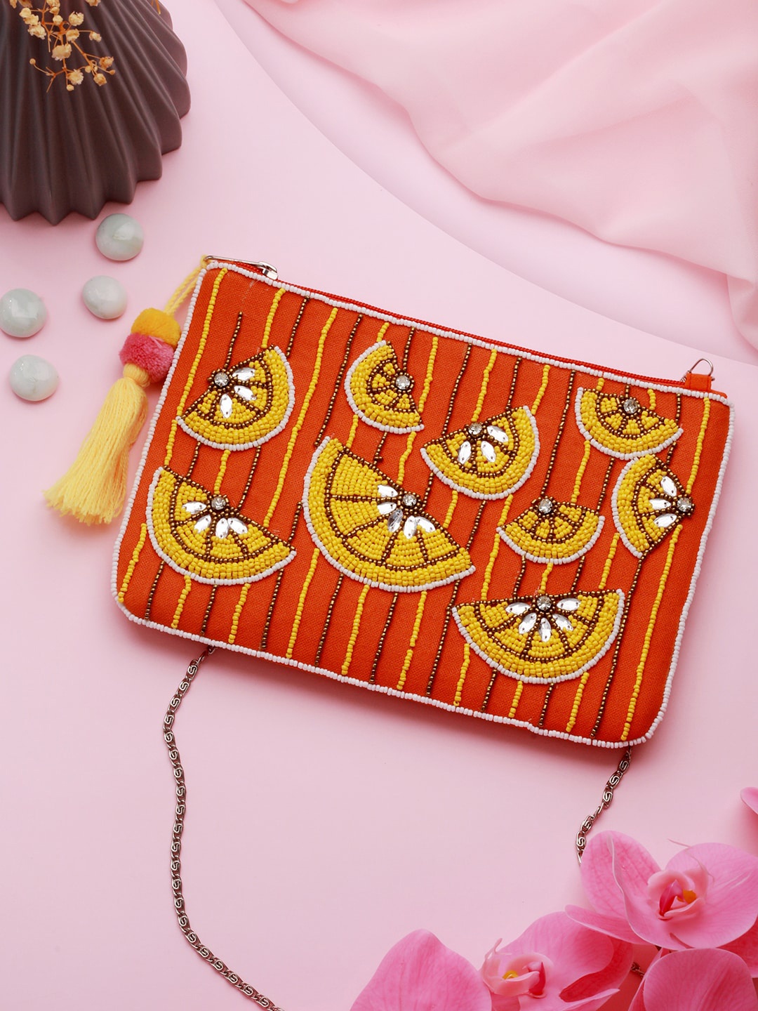 

Priyaasi Embellished Structured Shoulder Bag with Tasselled, Orange