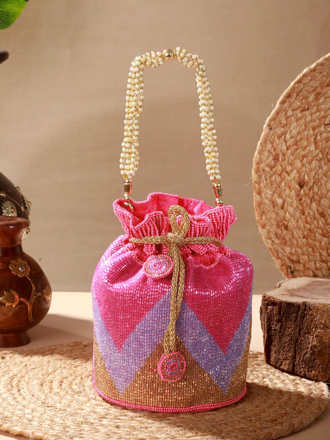 

Priyaasi Embellished Potli Clutch, Pink
