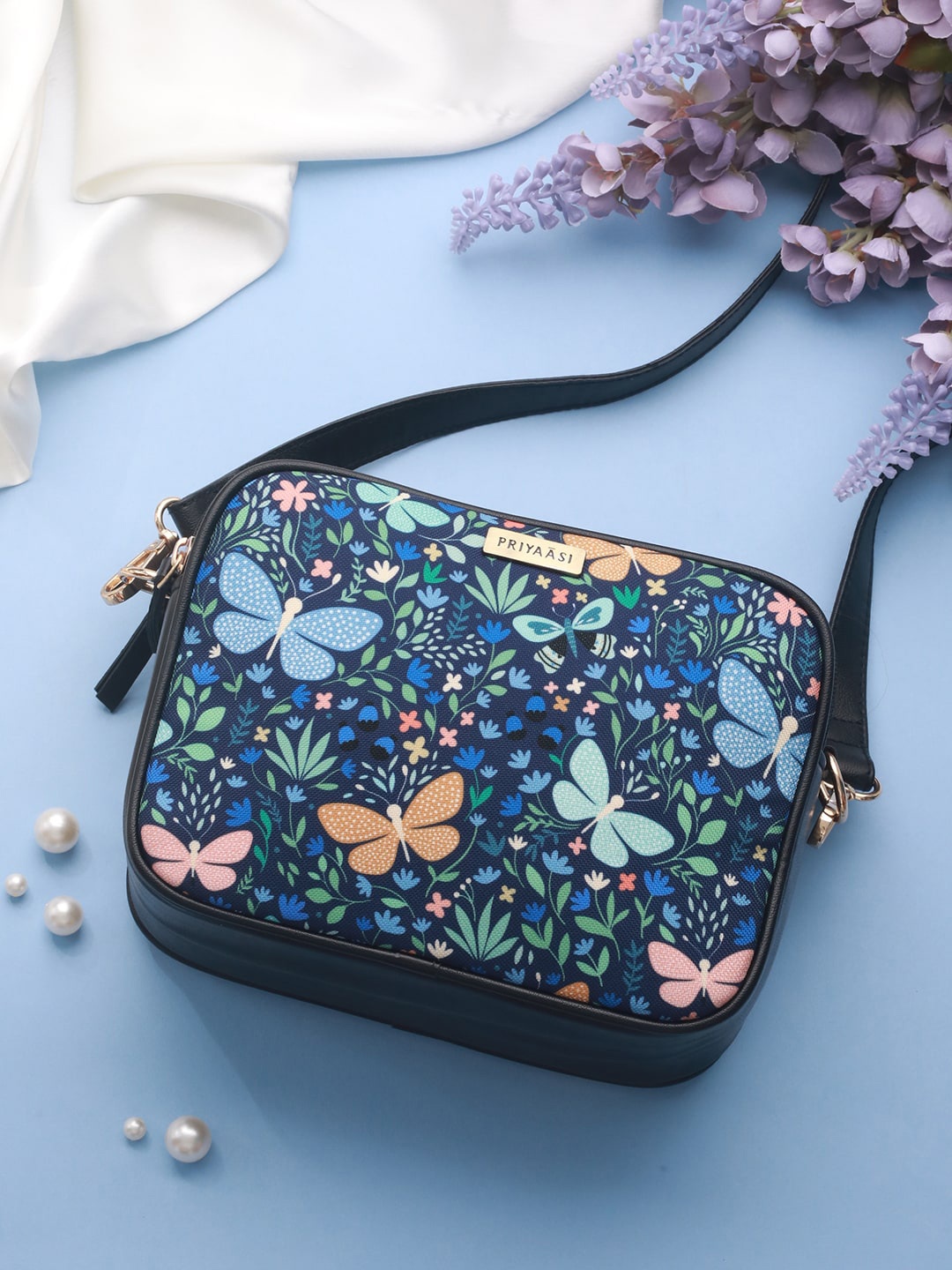 

Priyaasi Graphic Printed Structured Sling Bag, Blue