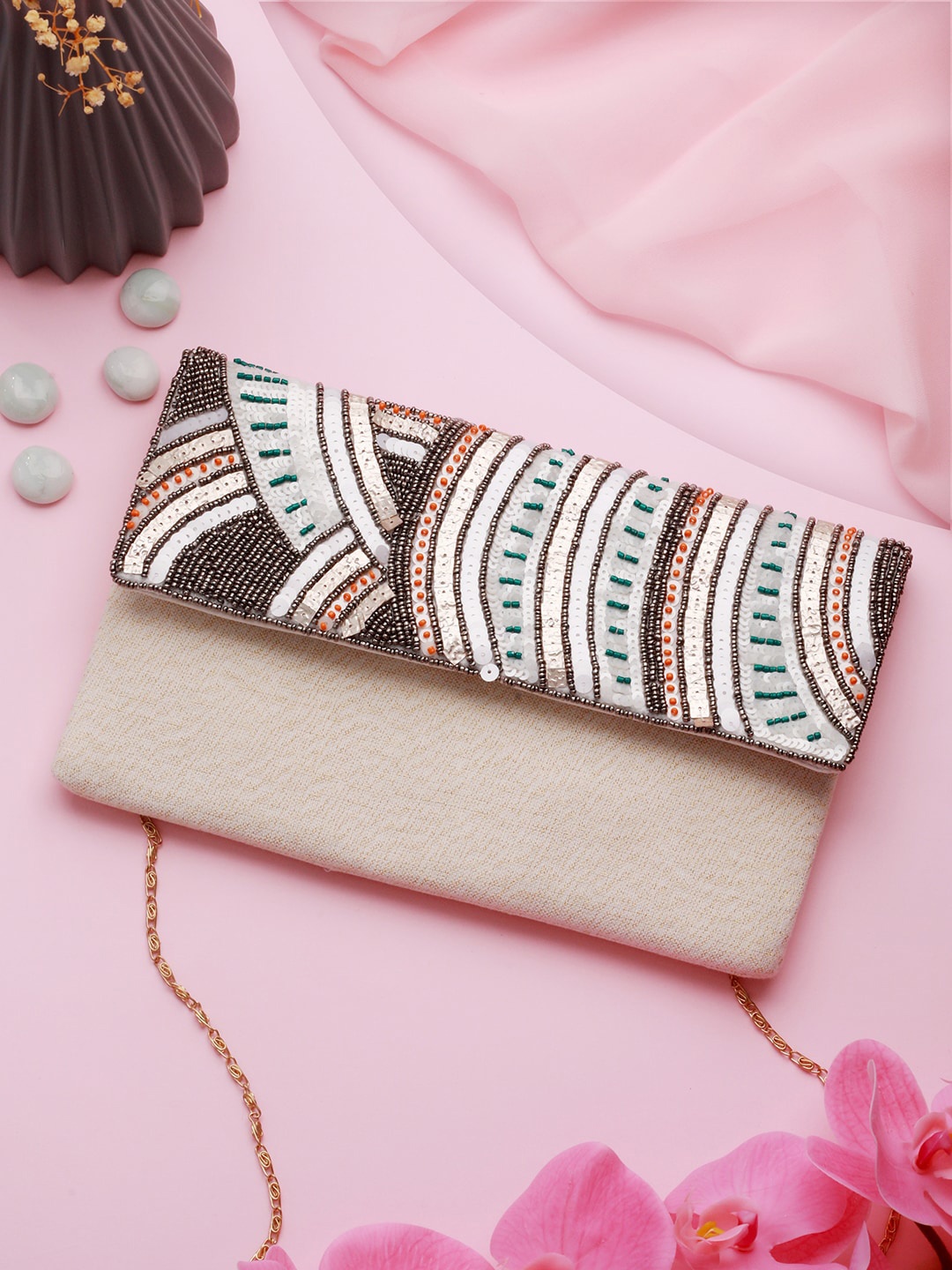 

Priyaasi Geometric Printed Structured Sling Bag, Beige
