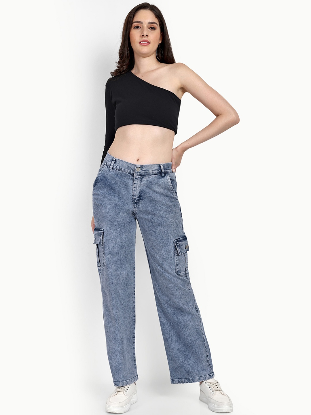 

Next One Women Smart Wide Leg High-Rise Clean Look Heavy Fade Stretchable Jeans, Blue