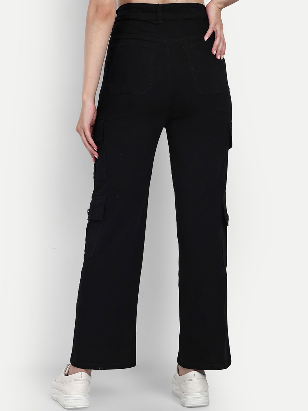 

Next One Women Smart Wide Leg High-Rise Clean Look Stretchable Cargo Jeans, Black